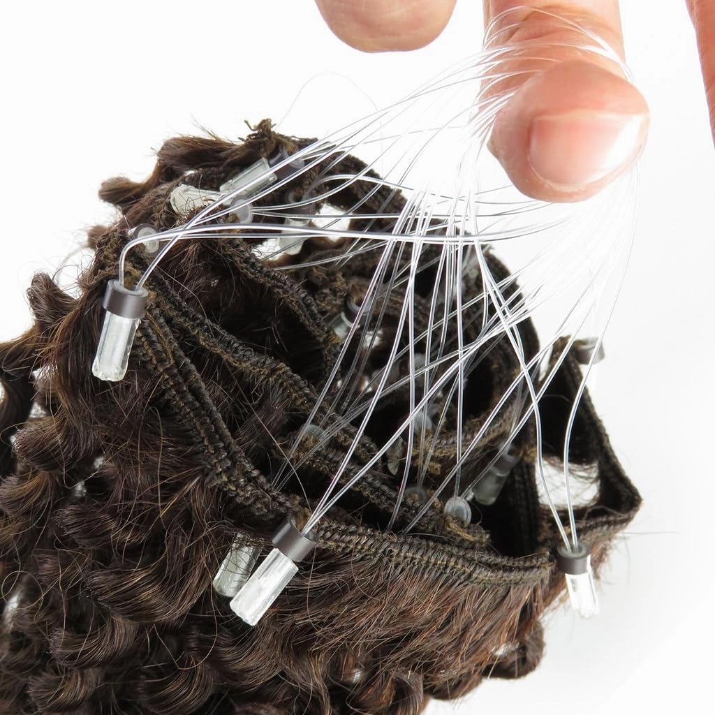 Remeehi 10"-16" One Step Weft Invisible Wire Hair Extensions Mirco Loop Human Hair Extensions Clip in Hair Extensions 7 Pieces Curly Wave 60g for Thinning or Fine Hair 16 inch 2# Dark Brown