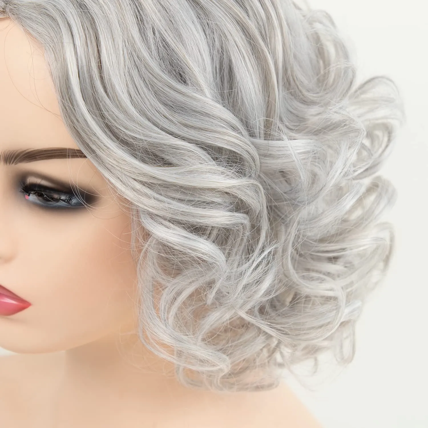 RENERSHOW Mixed Grey Short Wavy Wig for White Women - Medium Length, Gray Curly, Silver, Heat Resistant, Synthetic, Natural Looking
