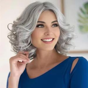 RENERSHOW Mixed Grey Short Wavy Wig for White Women - Medium Length, Gray Curly, Silver, Heat Resistant, Synthetic, Natural Looking