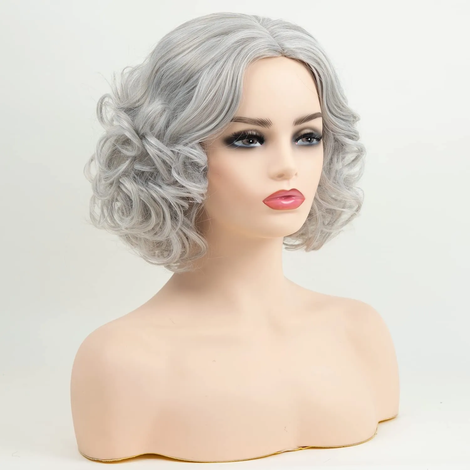 RENERSHOW Mixed Grey Short Wavy Wig for White Women - Medium Length, Gray Curly, Silver, Heat Resistant, Synthetic, Natural Looking