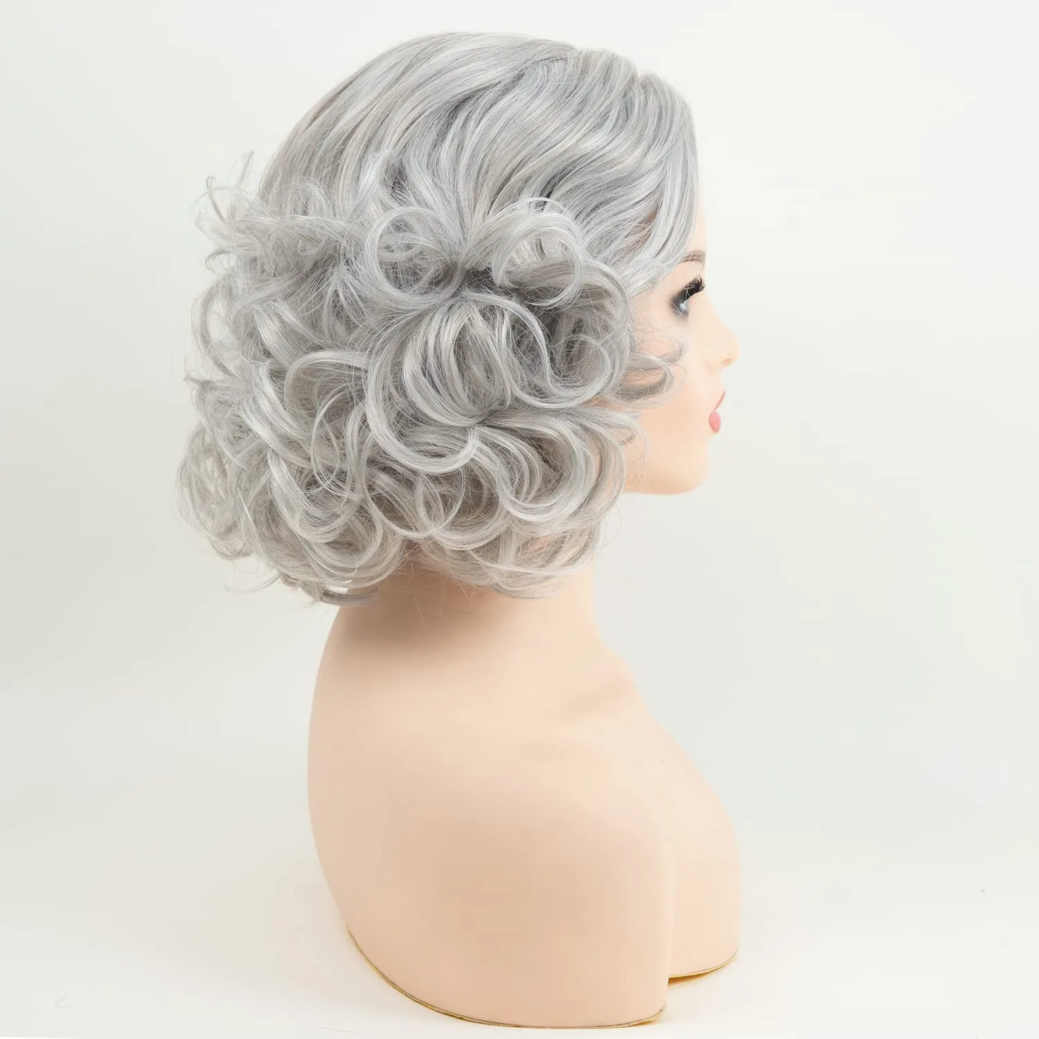RENERSHOW Mixed Grey Short Wavy Wig for White Women - Medium Length, Gray Curly, Silver, Heat Resistant, Synthetic, Natural Looking