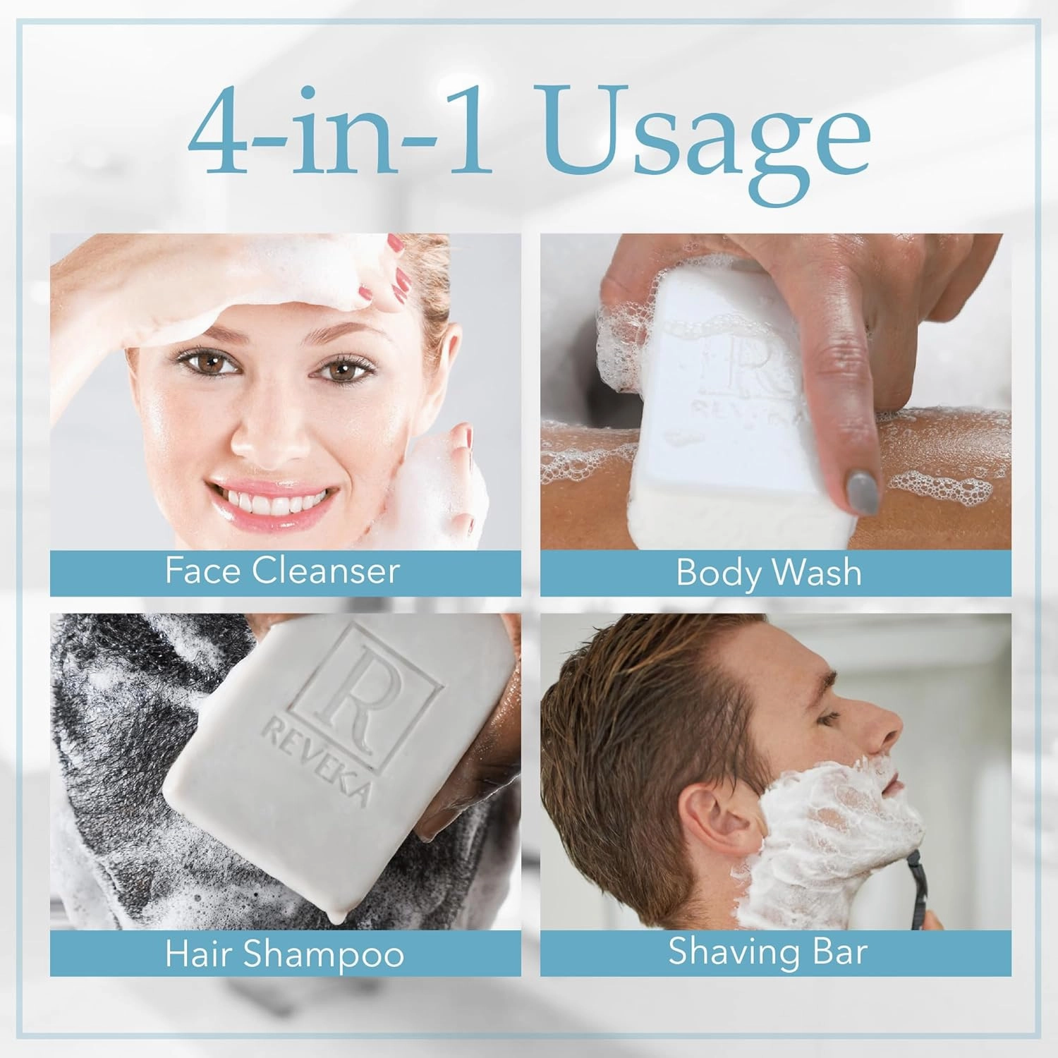 Reveka Skincare Magnesium Soap – 4-in-1 Natural Bar for Face, Body, Hair & Shaving | Triple-Milled with Shea Butter | USA-Made Peppermint Soap | 4 Pack (7 oz Each)