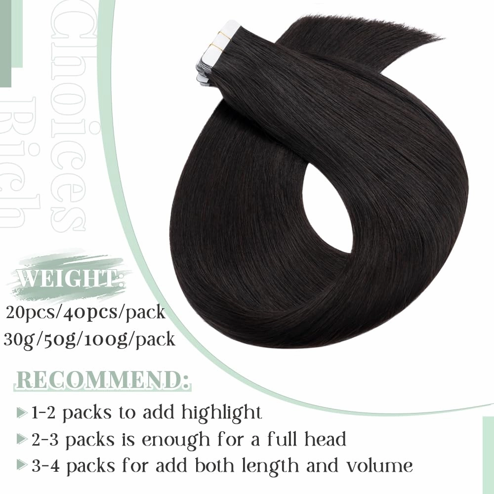 Rich Choices Tape in Hair Extensions Human Hair, 40pcs 100g 100% Remy Tape Hair Extensions Real Human Hair,Seamless Balayage Skin Weft Tape in Hair Extension 16 Inch #1B Natural Black