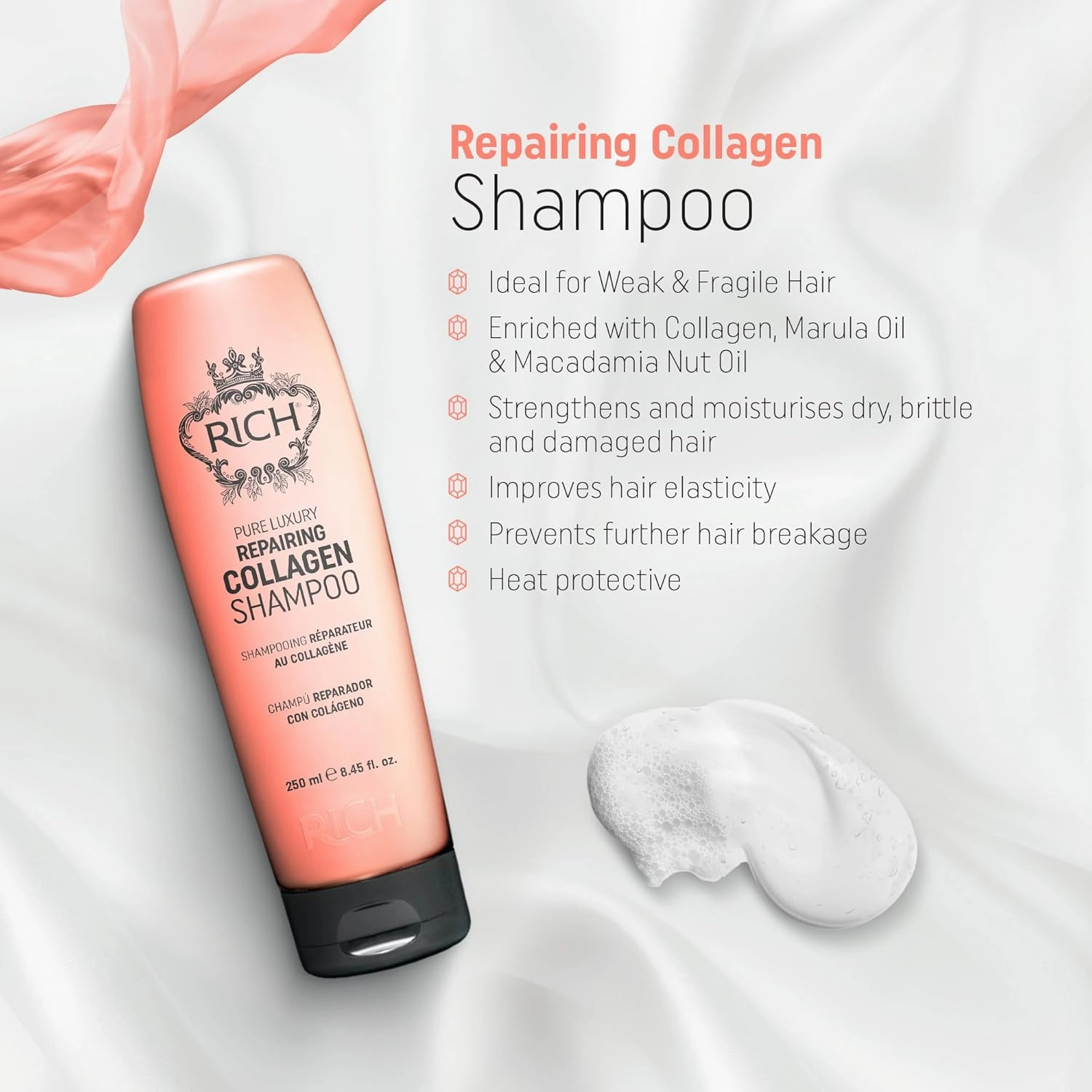 RICH Pure Luxury Repairing Collagen Shampoo for Fragile & Weak Hair - Helps to Strengthen and Moisturize Dry and Brittle - Hair Proteins, Collagen, Marula Oil & Macadamia Nut Oil - 8.45 oz