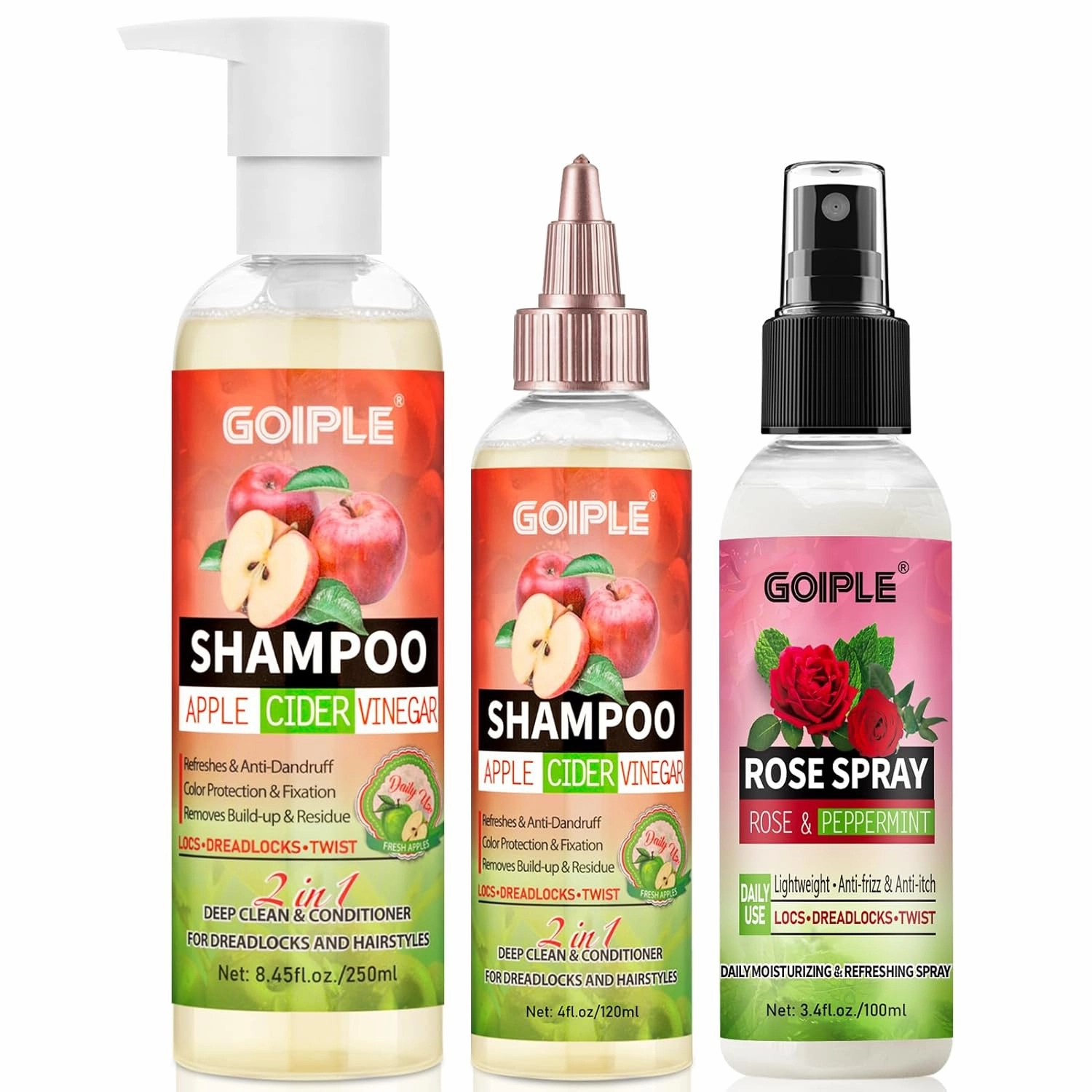 Rose Spray for Hair Loc Rose Water Hair Scalp Moisturizer- 2 in 1 Deep Clean & Conditioner Apple Cider Vinegar Shampoo, Briad Shampoo For Dreadlocks, Locs, Twist, Foam Sulfate Free for Curly Hair 3PCS
