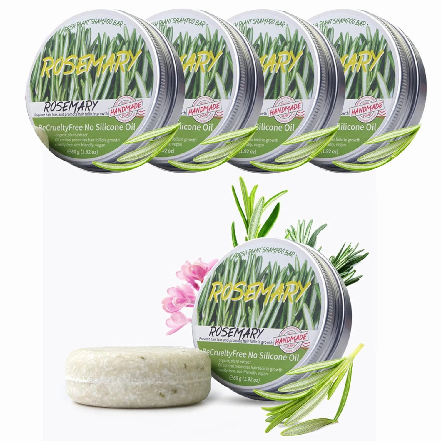 Rosemary Hair Regrowth Shampoo Bar, Organic Deep Cleansing Shampoo Bar for Hair & Scalp Anti Hair Loss Shampoo Soap, Oil Control, Cruelty Free 0 Silicone Oil (5 Pack)