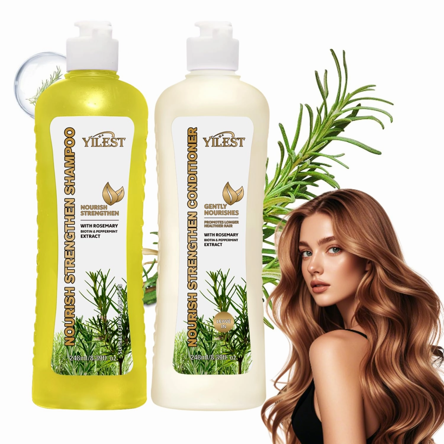 Rosemary Nourish Strengthen Shampoo & Conditioner Set, Anti-Hair Loss Shampoo, Gentle Formula for Longer, Healthier Hair - 248ml Each (Shampoo   Conditioner)