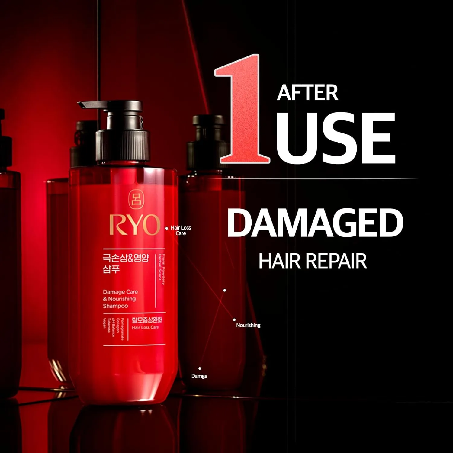 RYO Damage Care & Nourishing Shampoo with Korean Ginseng & Caffeine - Repair and Moisturizing, Anti Loss Care, Strengthening hair roots, 16 Fl Oz.