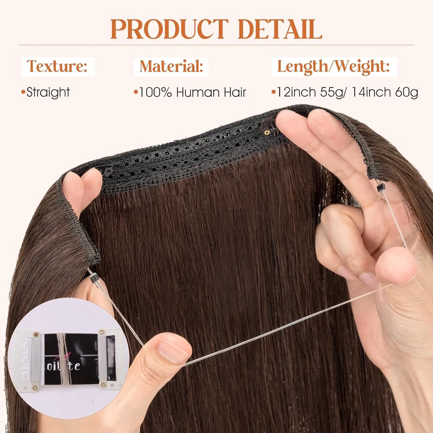 S-noilite Halo Hair Extensions Real Human Hair 12inch Short Straight Halo Extensions for Women Adjustable Dark Brown Halo Hair Extensions