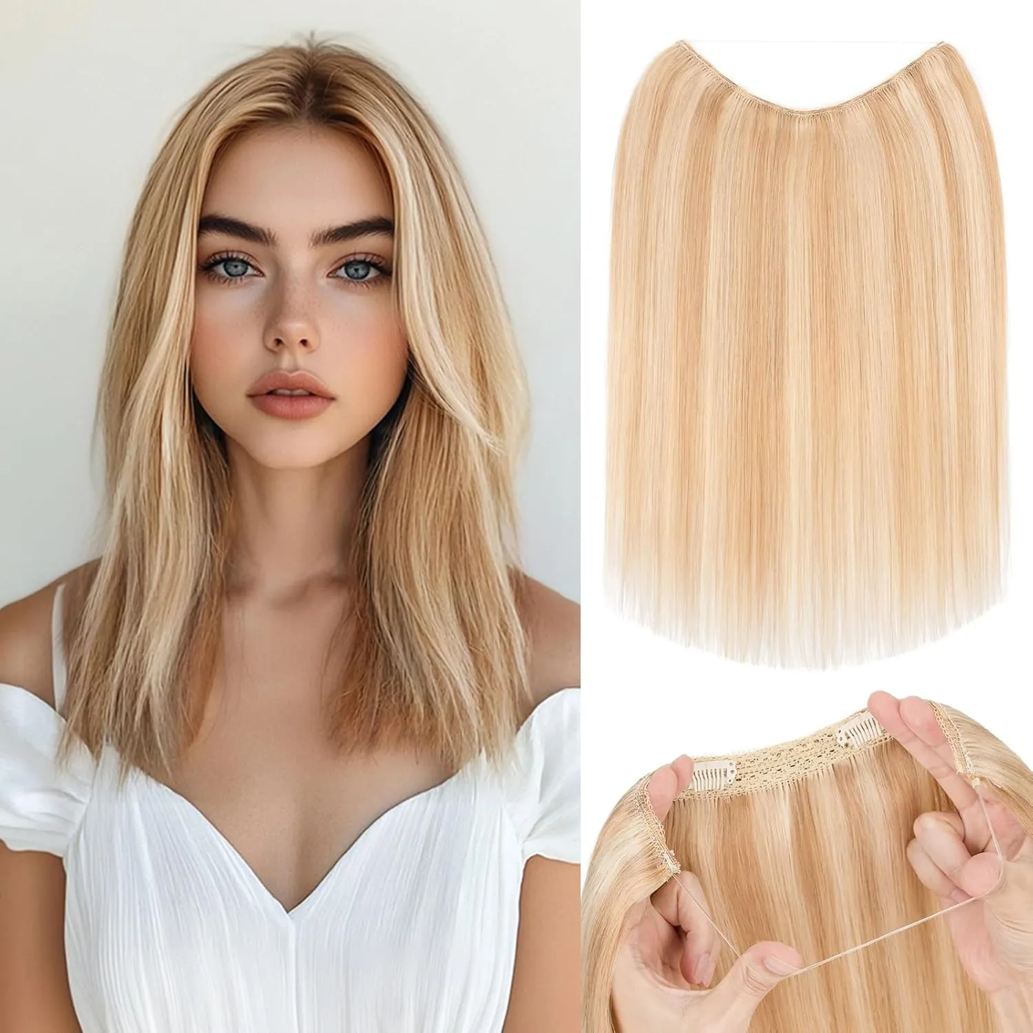 S-noilite Halo Hair Extensions Real Human Hair 12inch Short Straight Halo Hair Extensions for Women Adjustable Ash Blonde/Bleach Blonde Halo Extensions