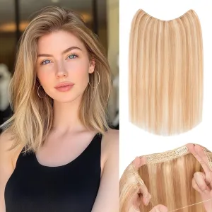 S-noilite Halo Hair Extensions Real Human Hair 12inch Short Straight Halo Hair Extensions for Women Adjustable Golden Brown/Bleach Blonde Halo Extensions