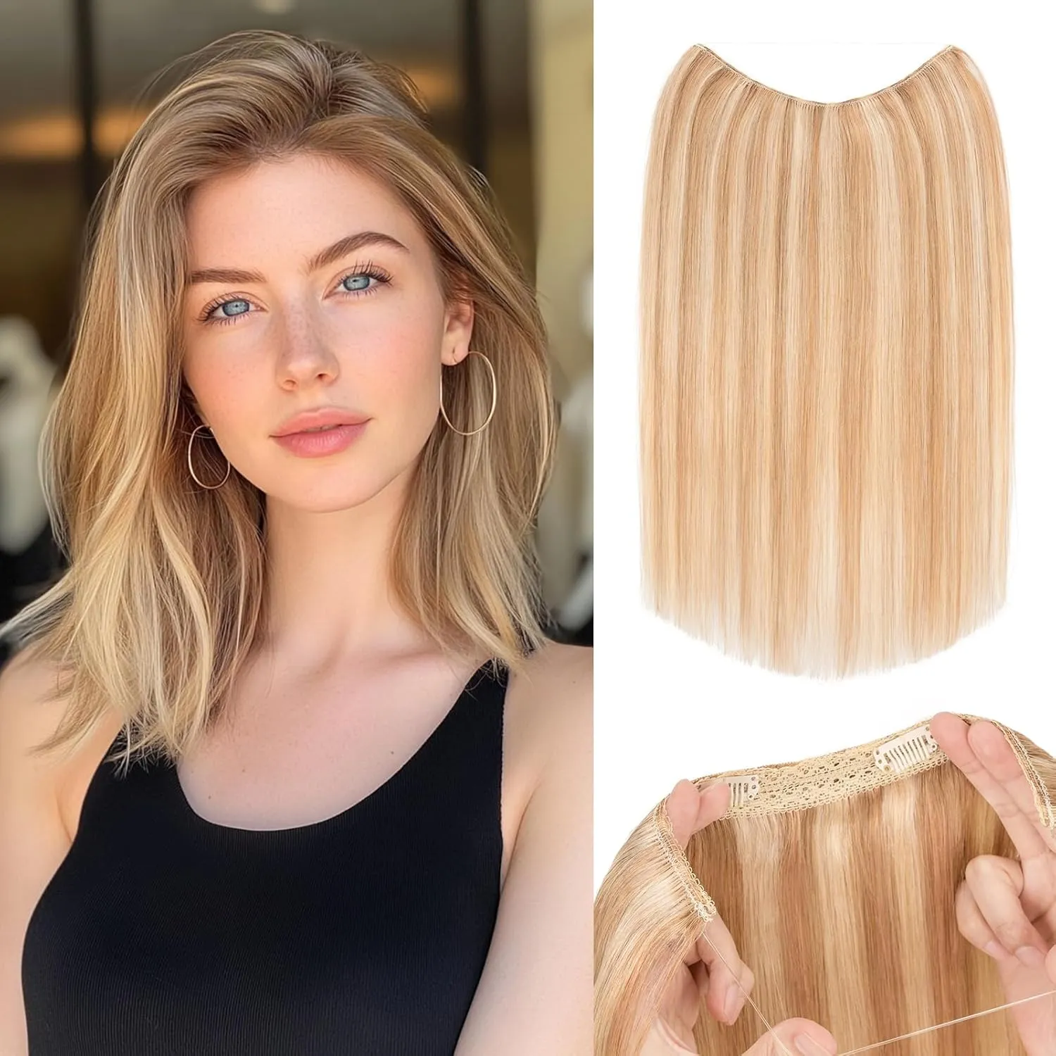 S-noilite Halo Hair Extensions Real Human Hair 12inch Short Straight Halo Hair Extensions for Women Adjustable Golden Brown/Bleach Blonde Halo Extensions