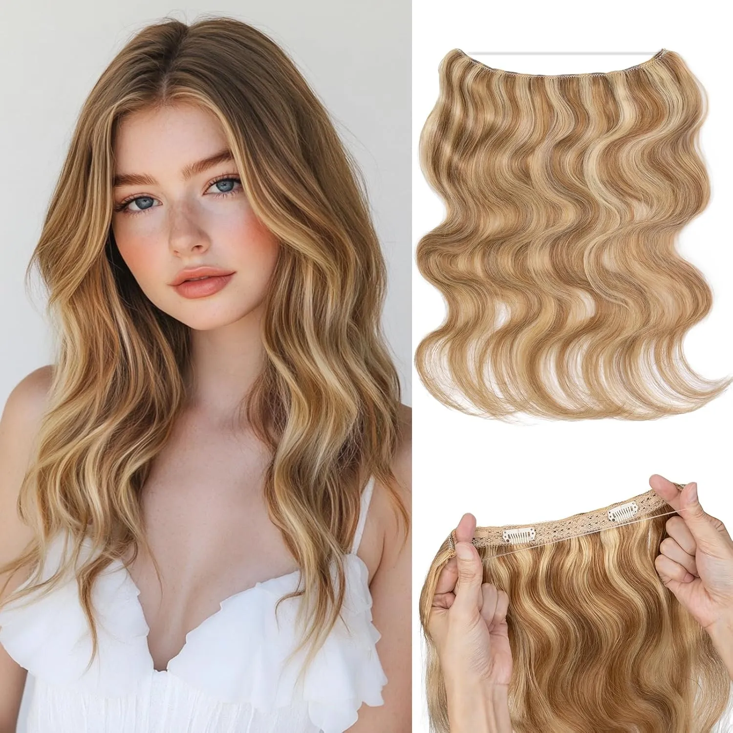 S-noilite Halo Hair Extensions Real Human Hair 12inch Short Wavy Halo Hair Extensions for Women Adjustable WireHair Extensions Golden Brown/Bleach Blonde