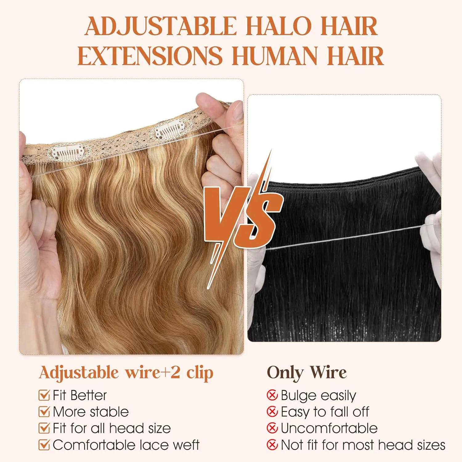 S-noilite Halo Hair Extensions Real Human Hair 12inch Short Wavy Halo Hair Extensions for Women Adjustable WireHair Extensions Golden Brown/Bleach Blonde