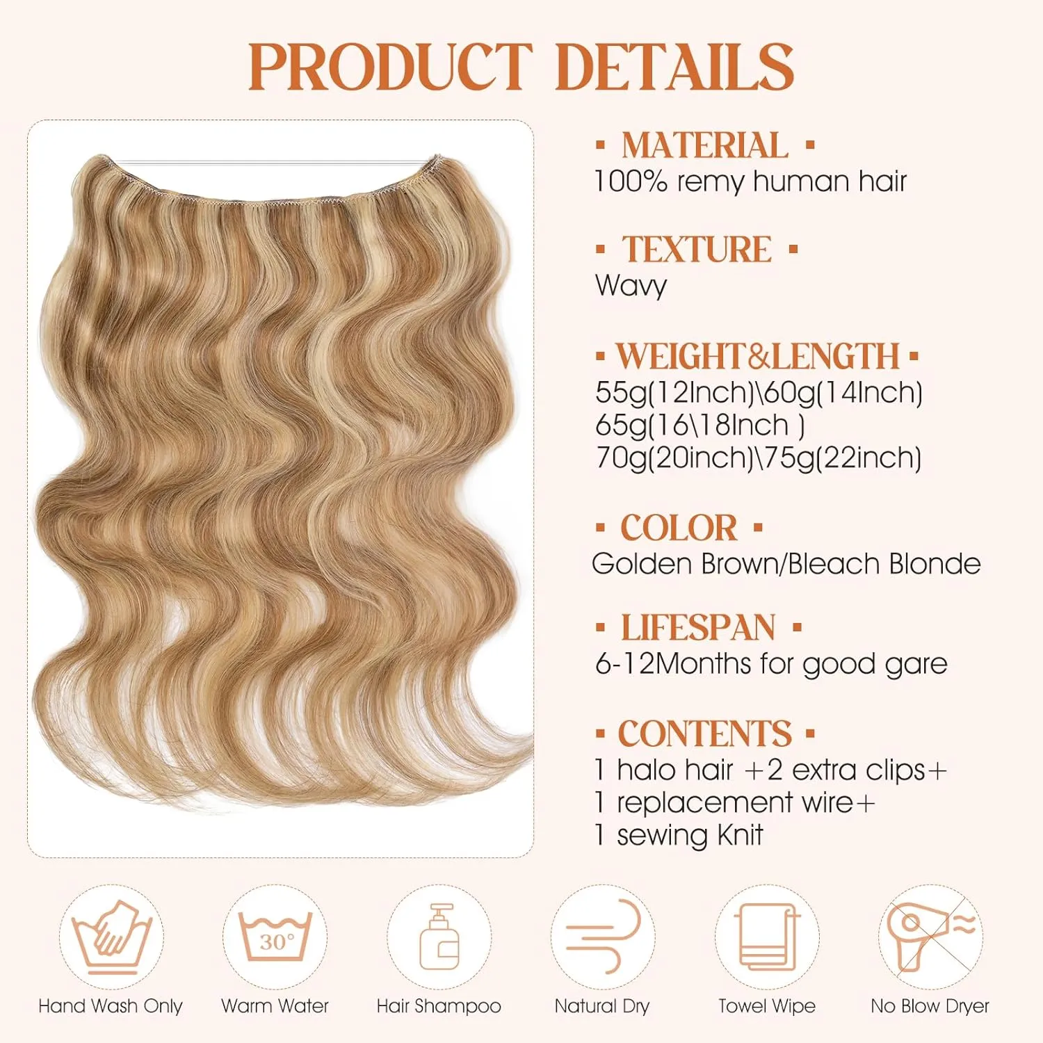 S-noilite Halo Hair Extensions Real Human Hair 12inch Short Wavy Halo Hair Extensions for Women Adjustable WireHair Extensions Golden Brown/Bleach Blonde
