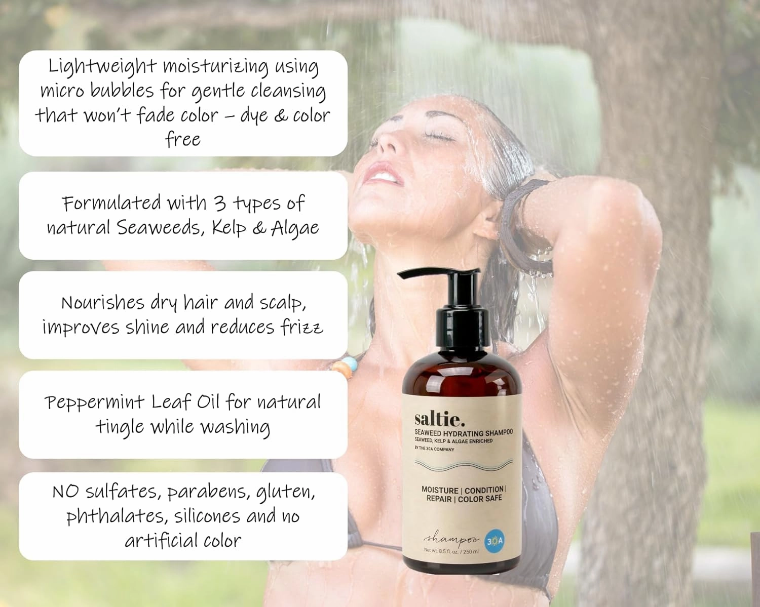 Saltie Hydrating Shampoo - Deep Moisture - Repairs and Bonds Dry Damage - Adds Shine - Reduces Frizz -No Sulfates, Parabens, Gluten, and Phthalates - No Artificial Color - Peppermint Leaf Oil