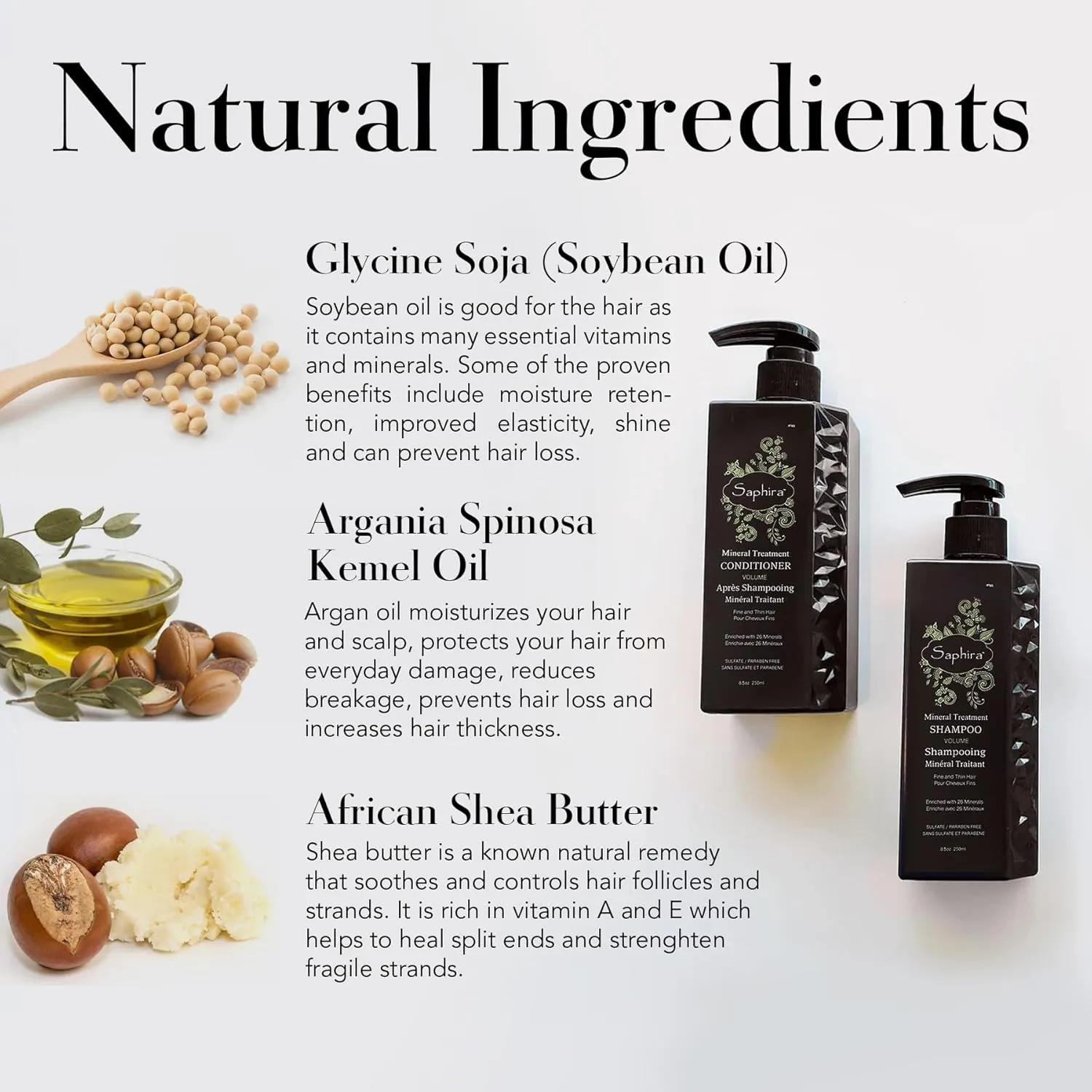 Saphira Mineral Treatment Shampoo and Conditioner for Fine, Thin and Color-Treated Hair, Sulfate-Free, Paraben-Free, Strengthens, Volumizes and Defines Weak and Fragile Hair
