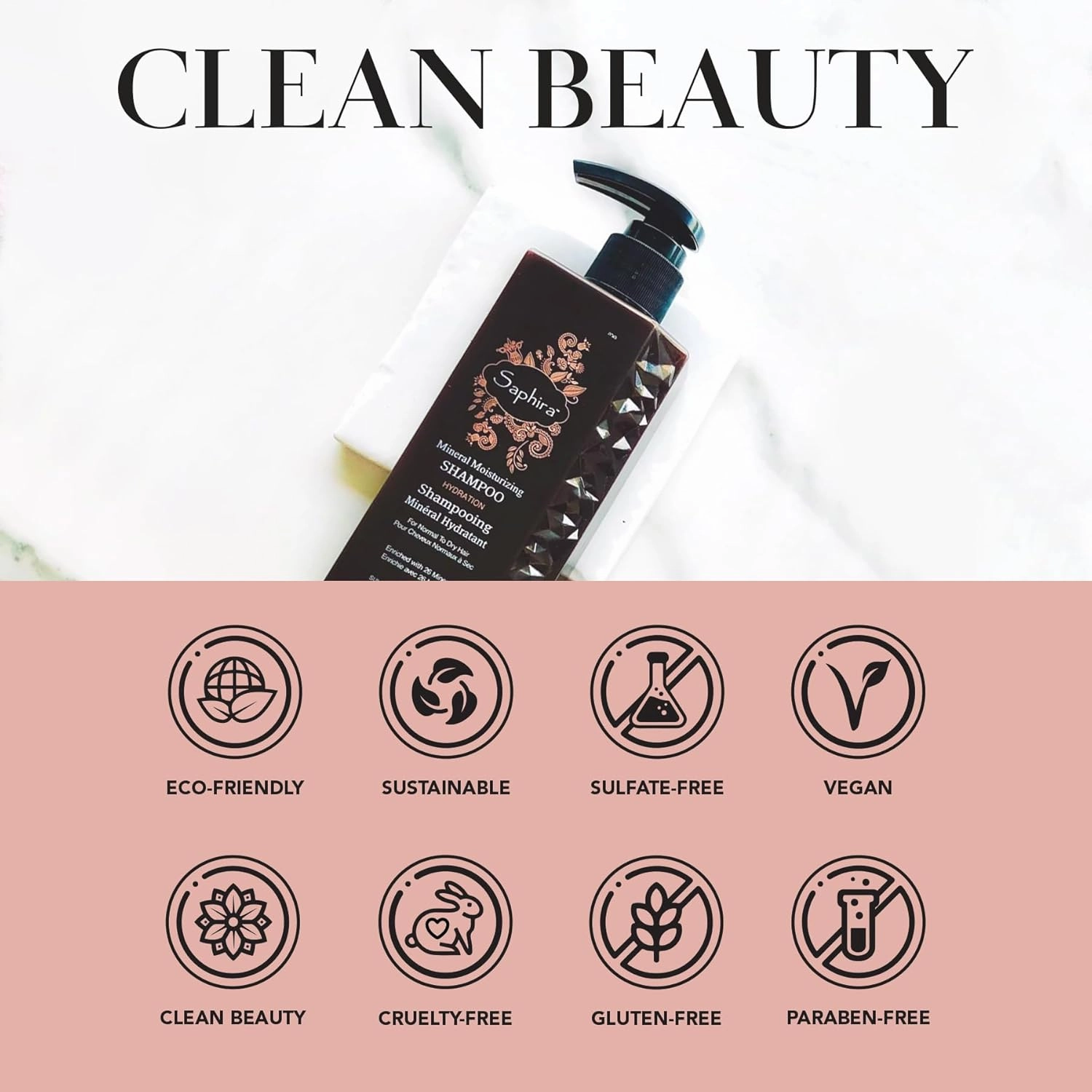 Saphira Mineral Moisturizing Shampoo, Hydration and Shine for Dry, Damaged, Permed or Chemically Treated Hair and Scalp, Sulfate-Free, Paraben-Free, Vegan, Prevents Frizz and Split Ends