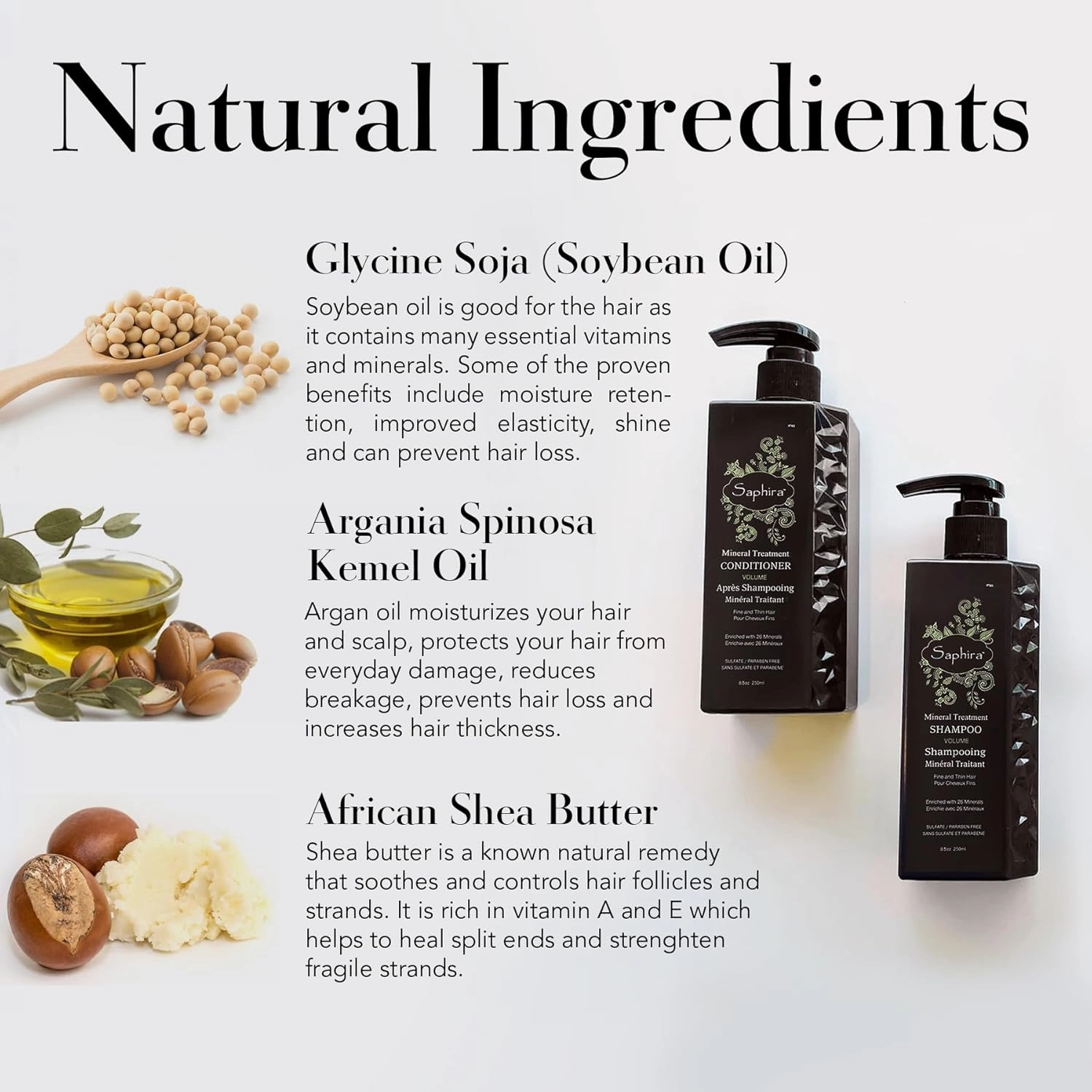Saphira Mineral Treatment Shampoo and Conditioner for Fine, Thin and Color-Treated Hair, Sulfate-Free, Paraben-Free, Strengthens, Volumizes and Defines Weak and Fragile Hair
