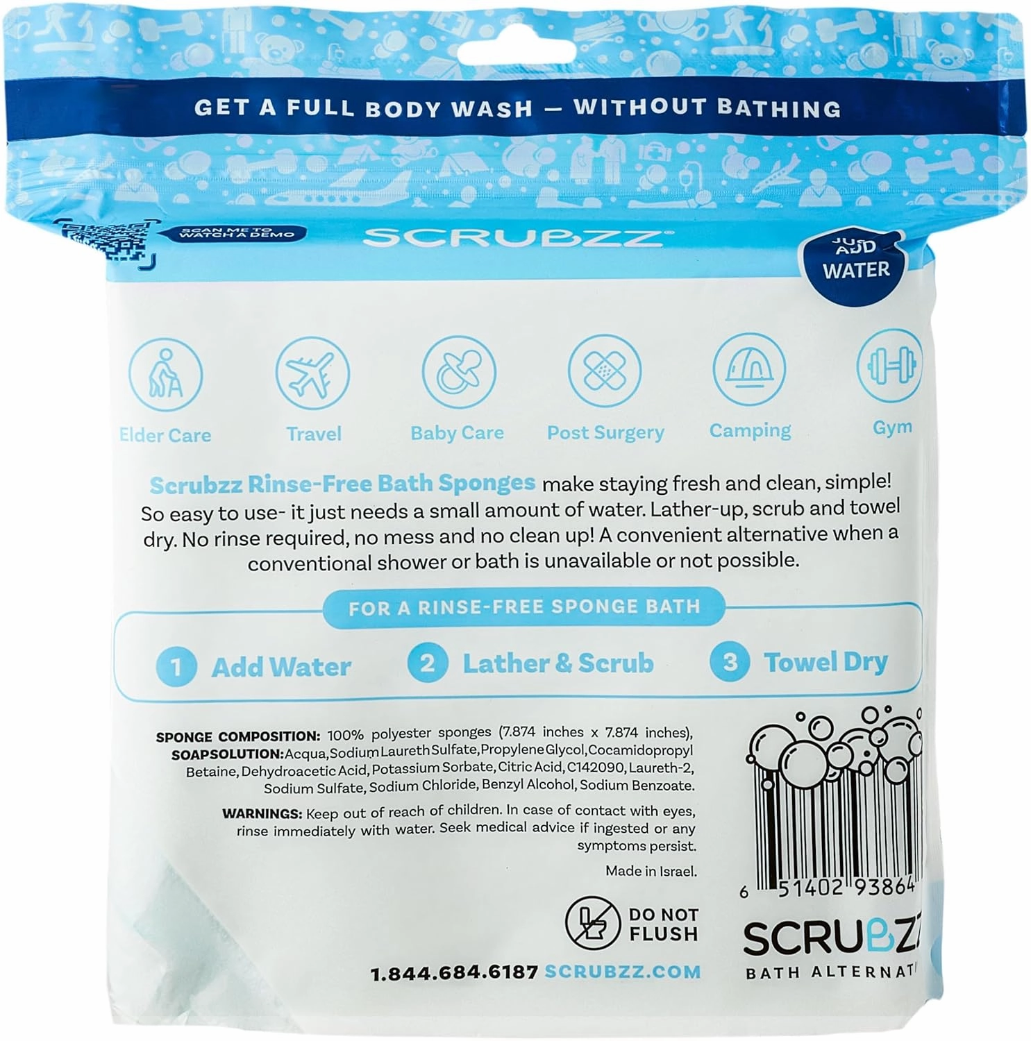 Scrubzz Disposable No Rinse Bathing Wipes - All-in-1 Single Use Shower Wipes, Simply Dampen, Lather, and Dry Without Shampoo or Rinsing (Unscented, 2-Pack)