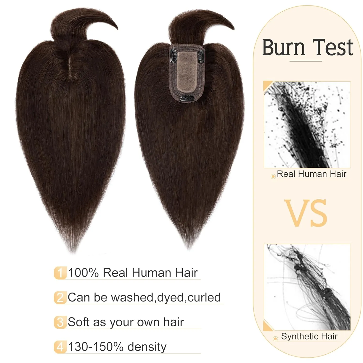 SEGO Hair Toppers for Women Real Human Hair With Bangs, 7 * 13CM Silk Base 100% Remy Human Hair Clip in Top Wiglet Hairpieces Add Volume -8 Inch 2 Dark Brown
