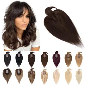 SEGO Hair Toppers for Women Real Human Hair With Bangs, 7 * 13CM Silk Base 100% Remy Human Hair Clip in Top Wiglet Hairpieces Add Volume -8 Inch 2 Dark Brown