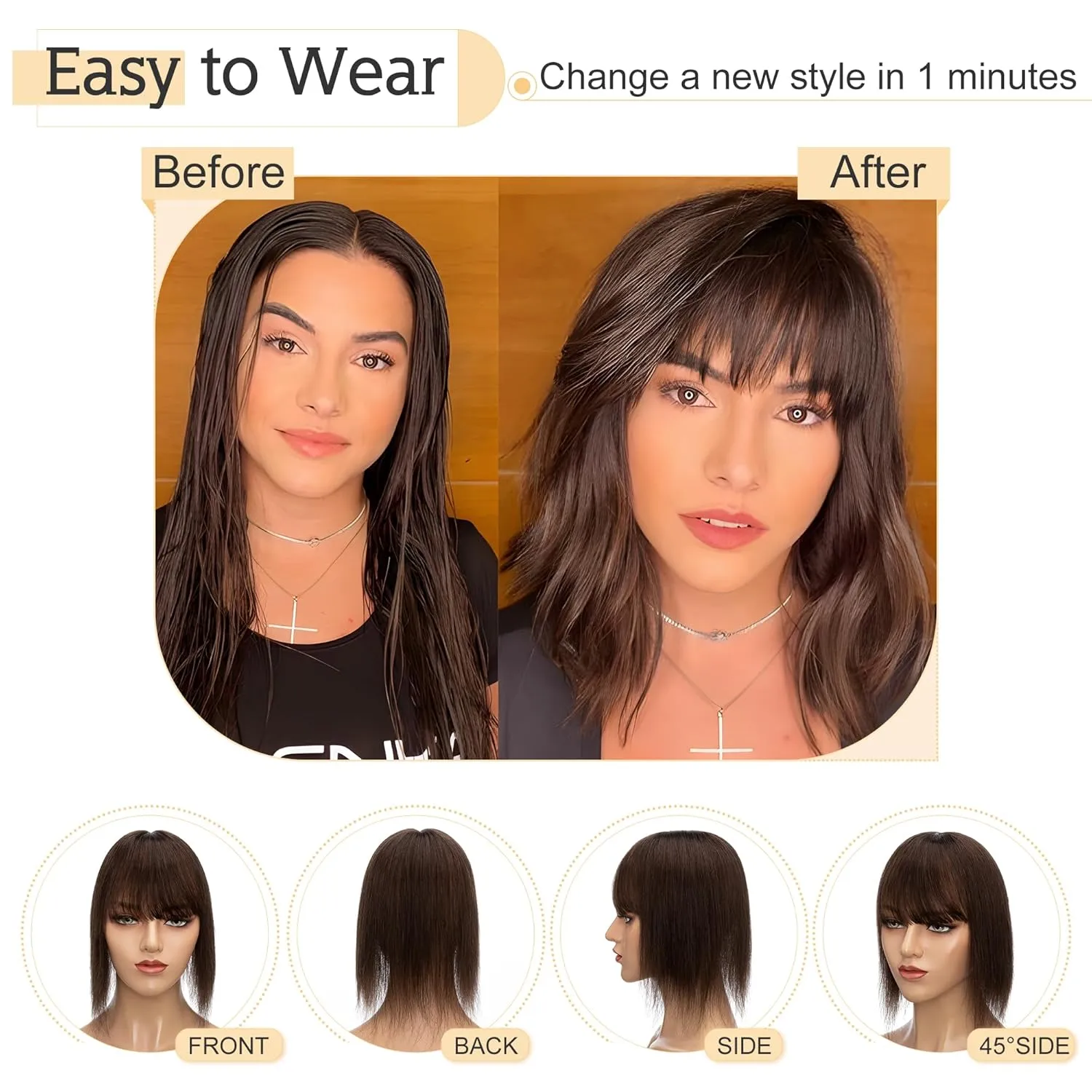 SEGO Hair Toppers for Women Real Human Hair With Bangs, 7 * 13CM Silk Base 100% Remy Human Hair Clip in Top Wiglet Hairpieces Add Volume -8 Inch 2 Dark Brown