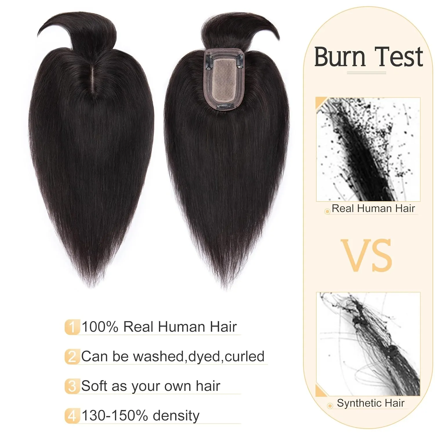 SEGO Hair Toppers for Women Real Human Hair With Bangs, 7 * 13CM Silk Base Clip in Top Wiglet Hairpieces Add Volume -8 Inch Natural Black