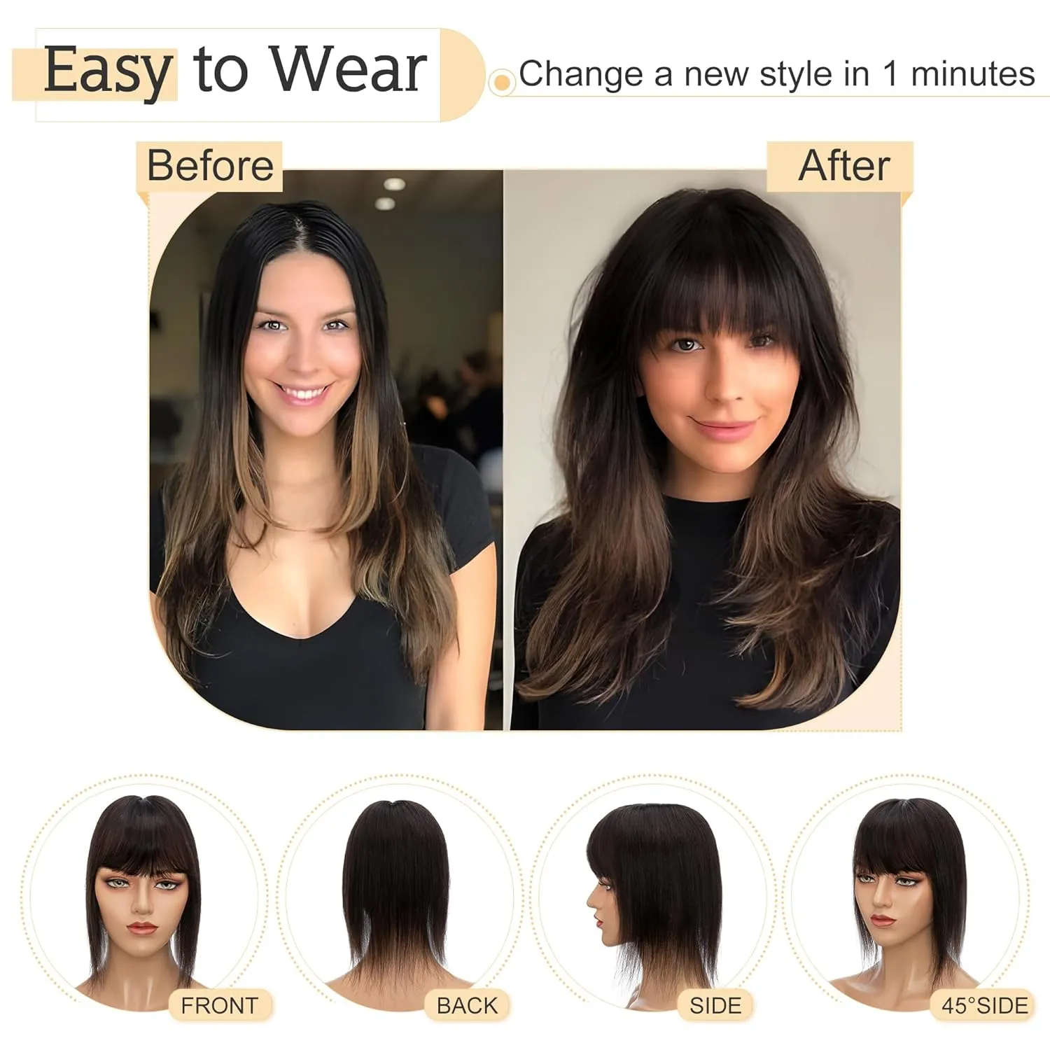 SEGO Hair Toppers for Women Real Human Hair With Bangs, 7 * 13CM Silk Base Clip in Top Wiglet Hairpieces Add Volume -8 Inch Natural Black