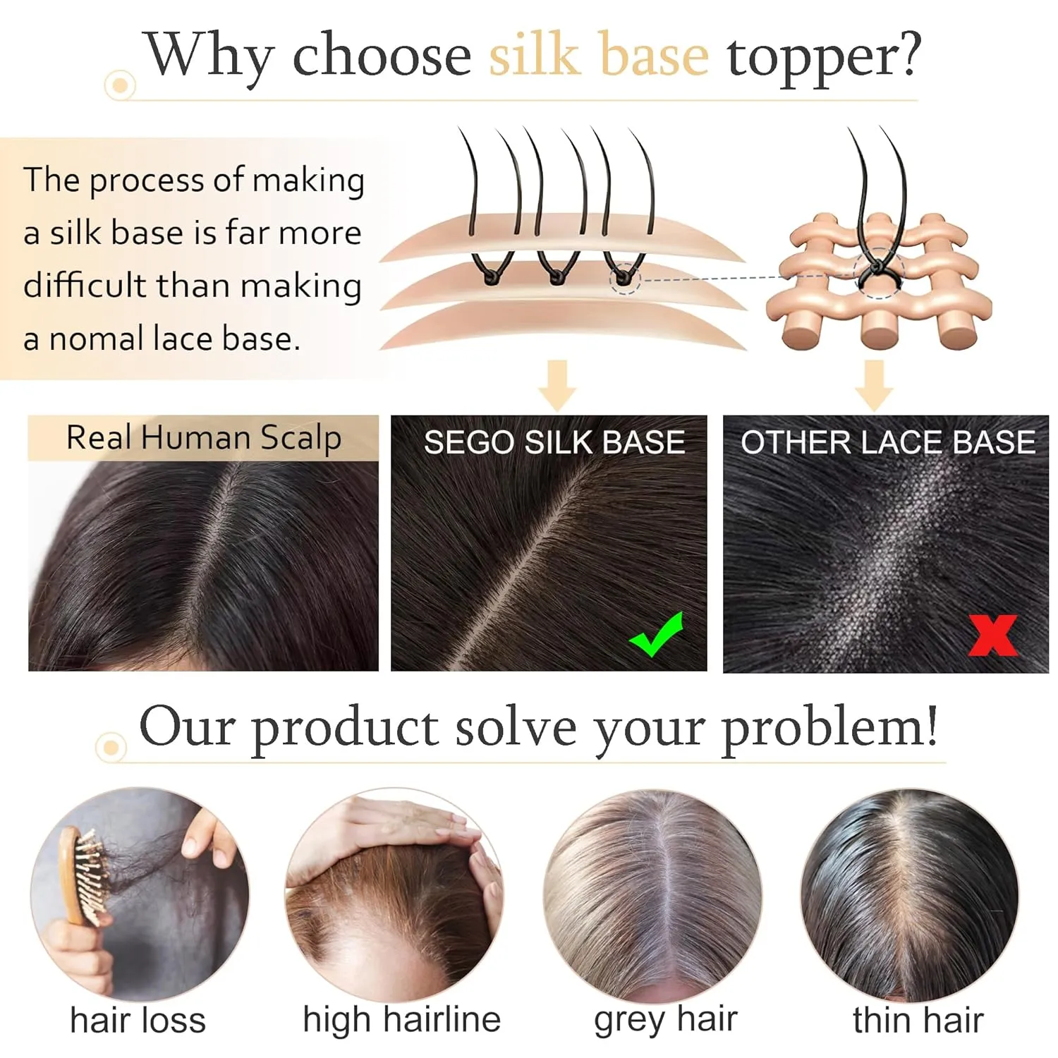 SEGO Hair Toppers for Women Real Human Hair With Bangs, 7 * 13CM Silk Base Clip in Top Wiglet Hairpieces Add Volume -8 Inch Natural Black