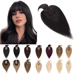 SEGO Hair Toppers for Women Real Human Hair With Bangs, 7 * 13CM Silk Base Clip in Top Wiglet Hairpieces Add Volume -8 Inch Natural Black
