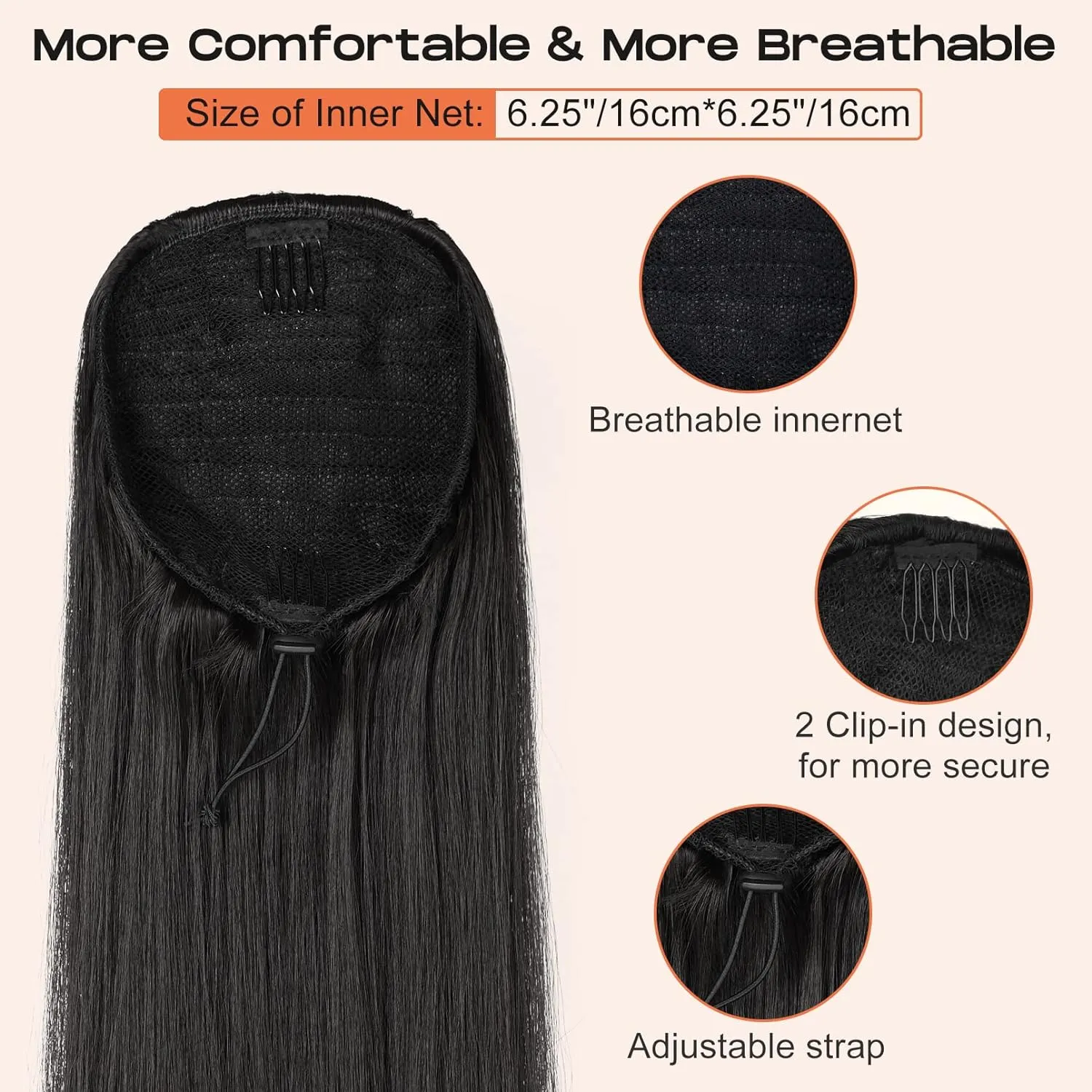 SEIKEA Ponytail Extensions Drawstring Long Straight Fake Pony Tail Natural Soft Clip in Hair Extension Synthetic Heat Resistant Hairpiece 32 Inch 165 Gram Black