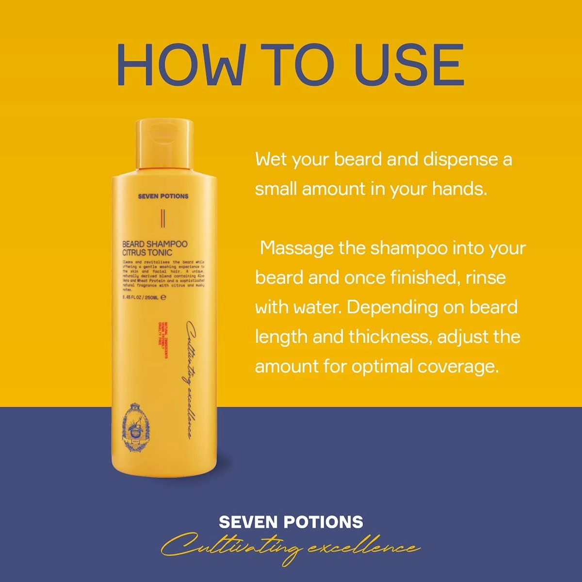 SEVEN POTIONS Citrus Tonic men Beard Shampoo, 8.45 Fl Oz - Natural, Vegan, Cruelty Free -for Itch, Dandruff & Irritation - Made in England
