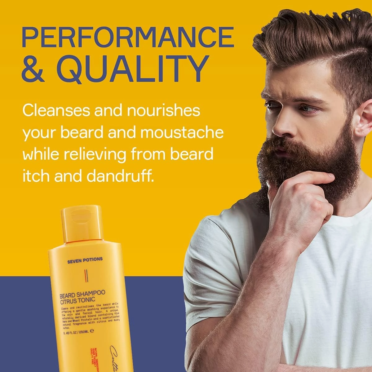SEVEN POTIONS Citrus Tonic men Beard Shampoo, 8.45 Fl Oz - Natural, Vegan, Cruelty Free -for Itch, Dandruff & Irritation - Made in England