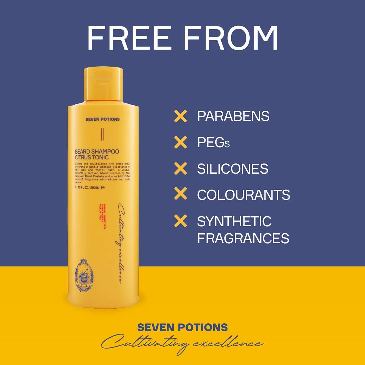 SEVEN POTIONS Citrus Tonic men Beard Shampoo, 8.45 Fl Oz - Natural, Vegan, Cruelty Free -for Itch, Dandruff & Irritation - Made in England