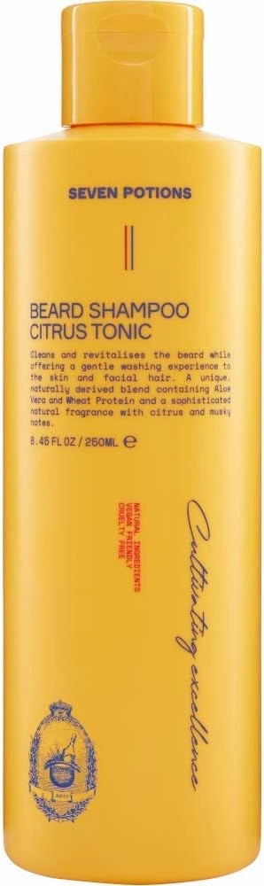 SEVEN POTIONS Citrus Tonic men Beard Shampoo, 8.45 Fl Oz - Natural, Vegan, Cruelty Free -for Itch, Dandruff & Irritation - Made in England