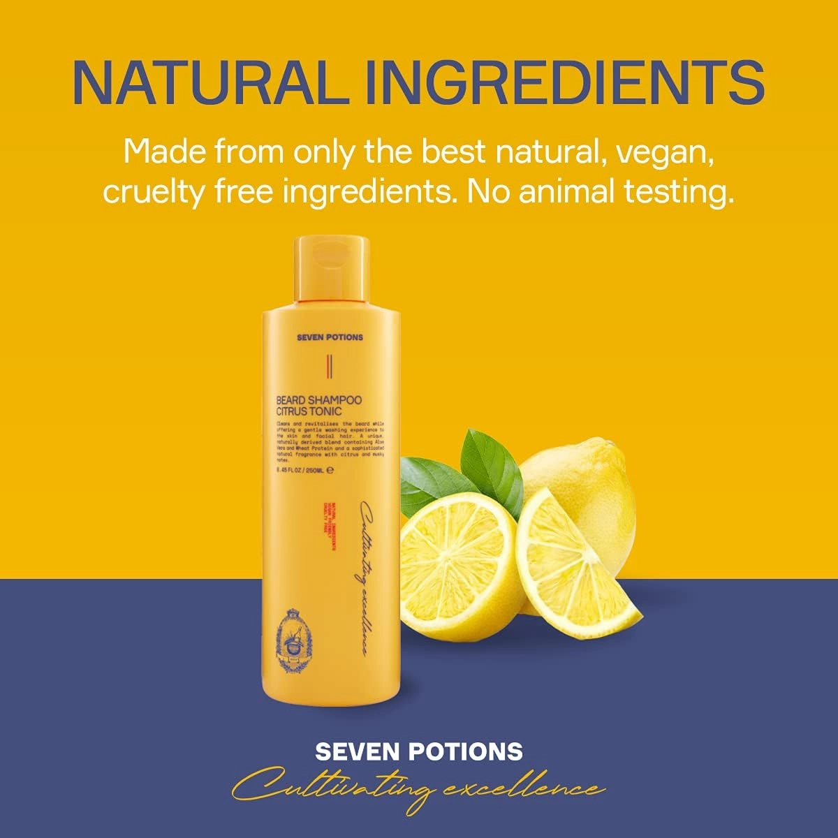 SEVEN POTIONS Citrus Tonic men Beard Shampoo, 8.45 Fl Oz - Natural, Vegan, Cruelty Free -for Itch, Dandruff & Irritation - Made in England