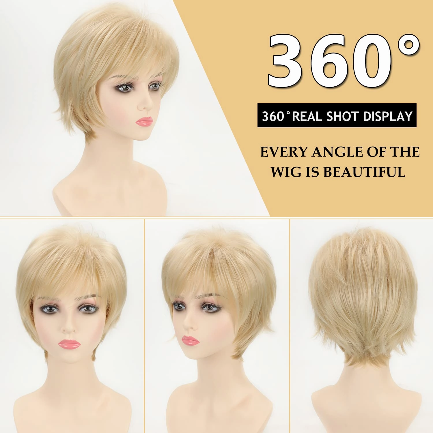 SEVENCOLORS Short Blonde Wigs for Women Pixie Cut Blonde Wigs with Bangs Straight Layered Short Hair Wigs Natural Looking Synthetic Light Blond Wigs