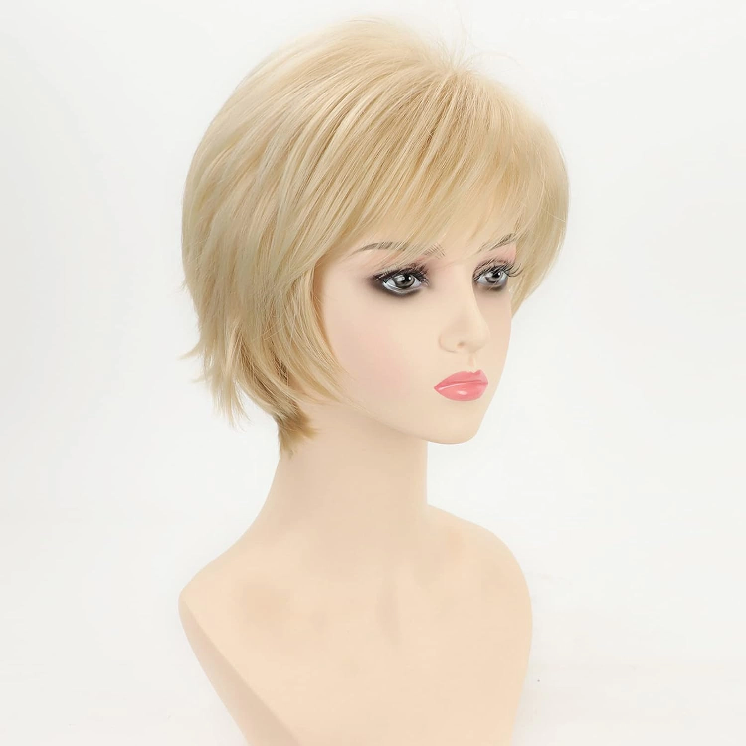 SEVENCOLORS Short Blonde Wigs for Women Pixie Cut Blonde Wigs with Bangs Straight Layered Short Hair Wigs Natural Looking Synthetic Light Blond Wigs