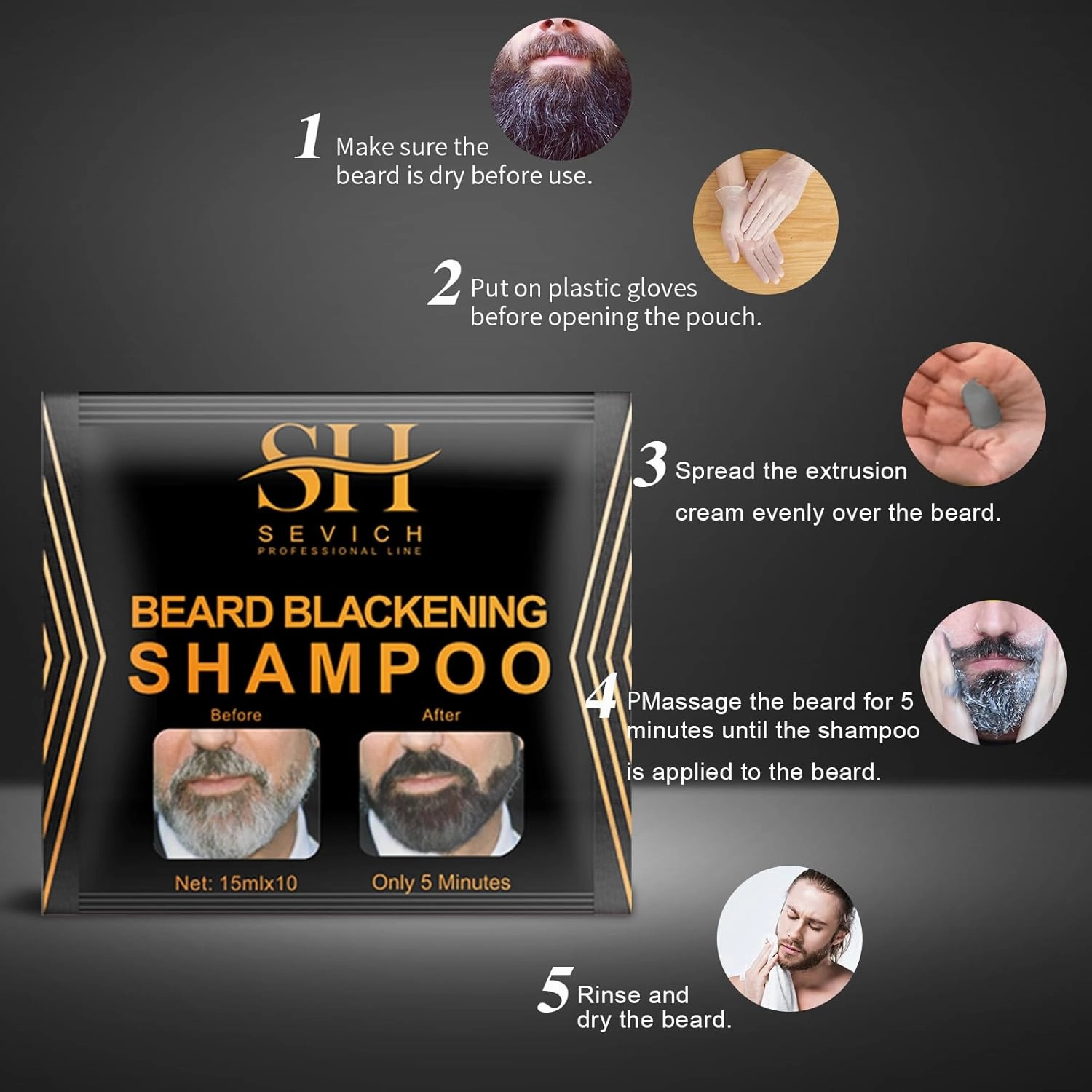 SEVICH Beard Blackening Shampoo for Men - Instant Natural Black Color, Anti-Hair Loss Formula, 10x15ml Travel-Friendly Packets | Safe & Gentle Beard Dye with Nourishing Care
