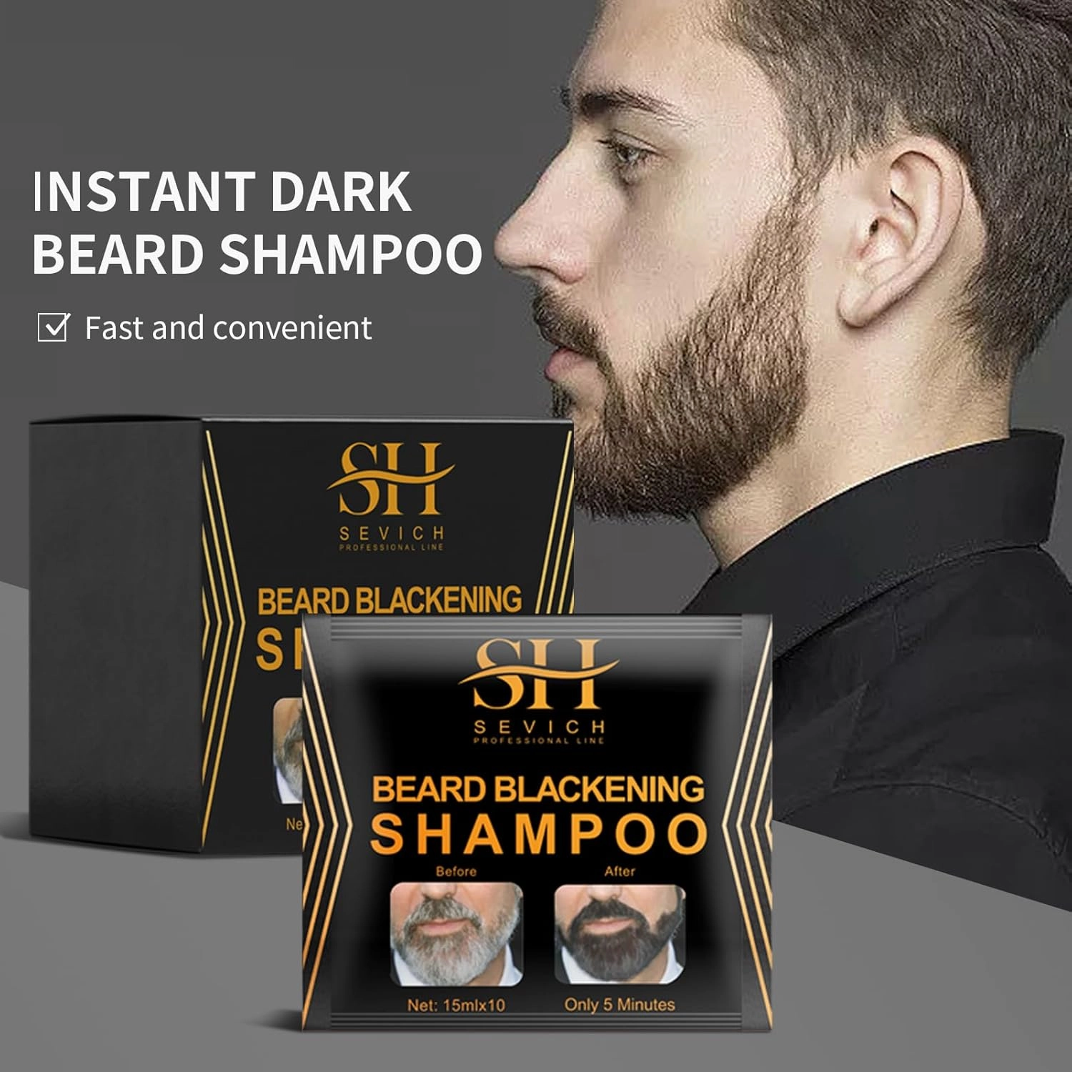 SEVICH Beard Blackening Shampoo for Men - Instant Natural Black Color, Anti-Hair Loss Formula, 10x15ml Travel-Friendly Packets | Safe & Gentle Beard Dye with Nourishing Care