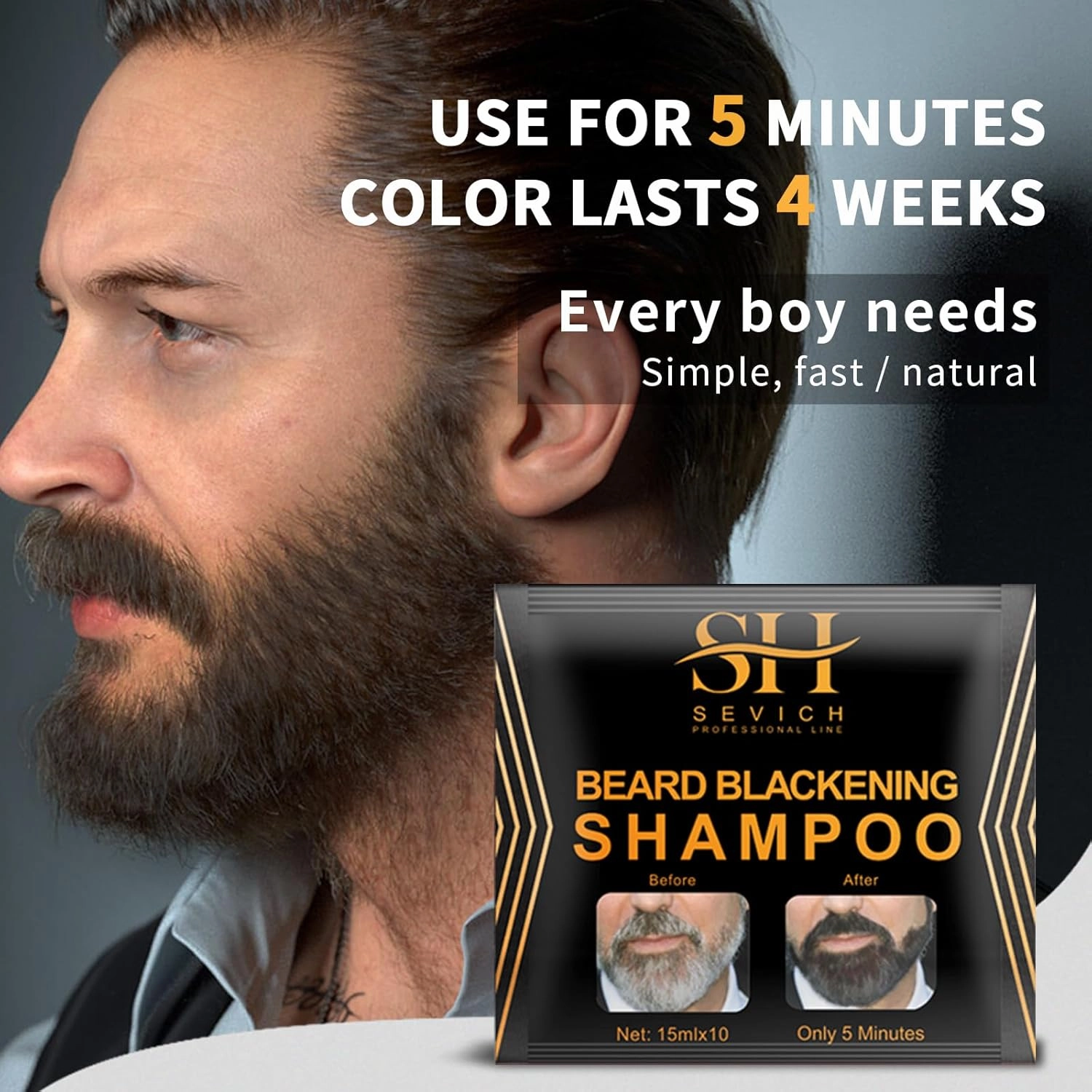 SEVICH Beard Blackening Shampoo for Men - Instant Natural Black Color, Anti-Hair Loss Formula, 10x15ml Travel-Friendly Packets | Safe & Gentle Beard Dye with Nourishing Care