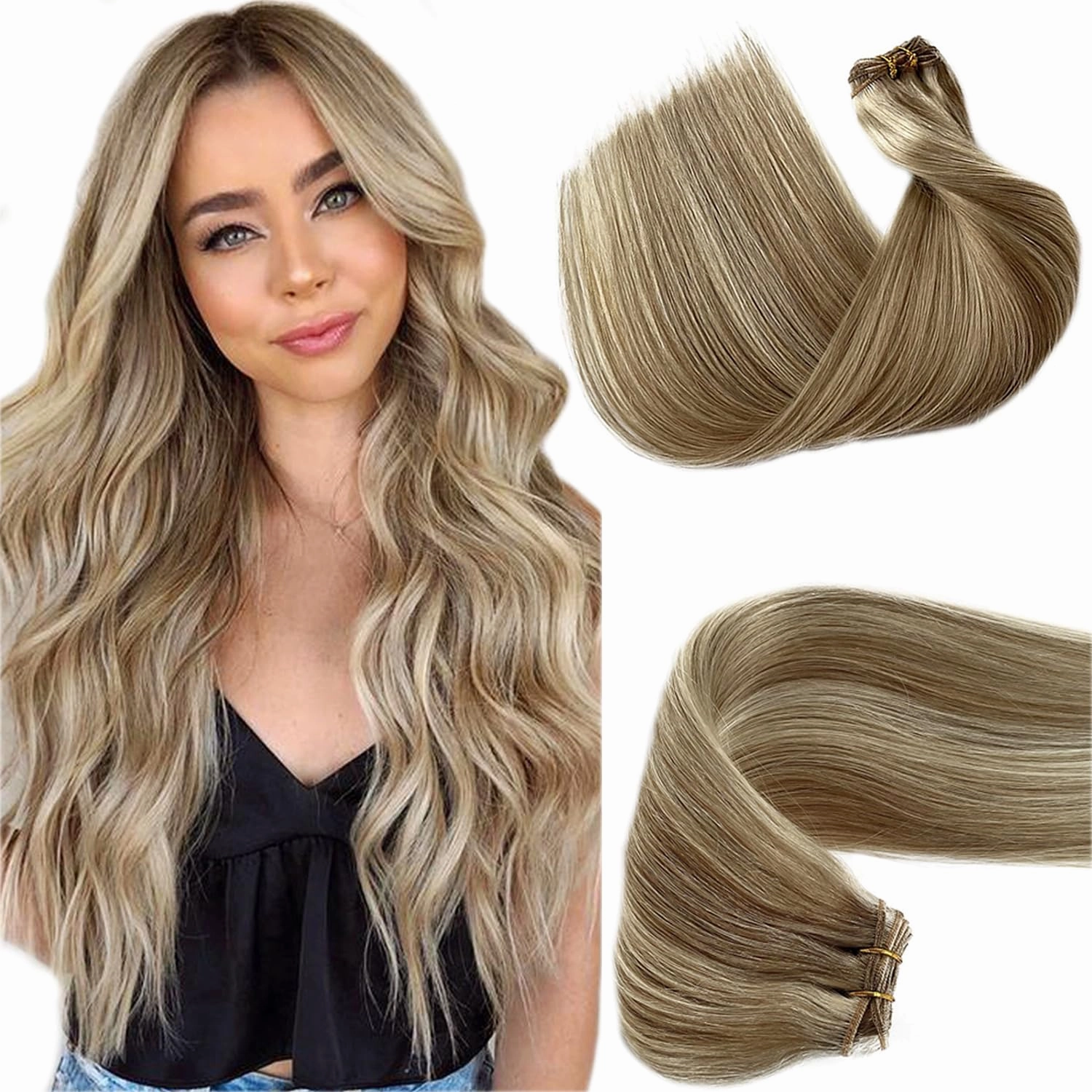 Sew in Hair Extensions Real Human Hair, Weft Hair Extensions Human Hair, 8/60 Balayage Ash Brown to Platinum Blonde Remy Hair Weft Bundles 16 Inch 100G Straight Highlights Human Hair Weave Bundles