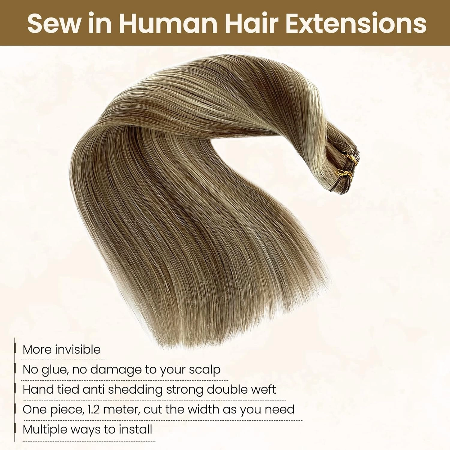 Sew in Weft Hair Extensions Human Hair 16” 100G Balayage Human Hair Extensions Sew in Wefts Hair Ash Brown to Beige Blonde to Platinum Blonde Sew in Hair Extensions Real Human Hair Sew in Hair Bundles