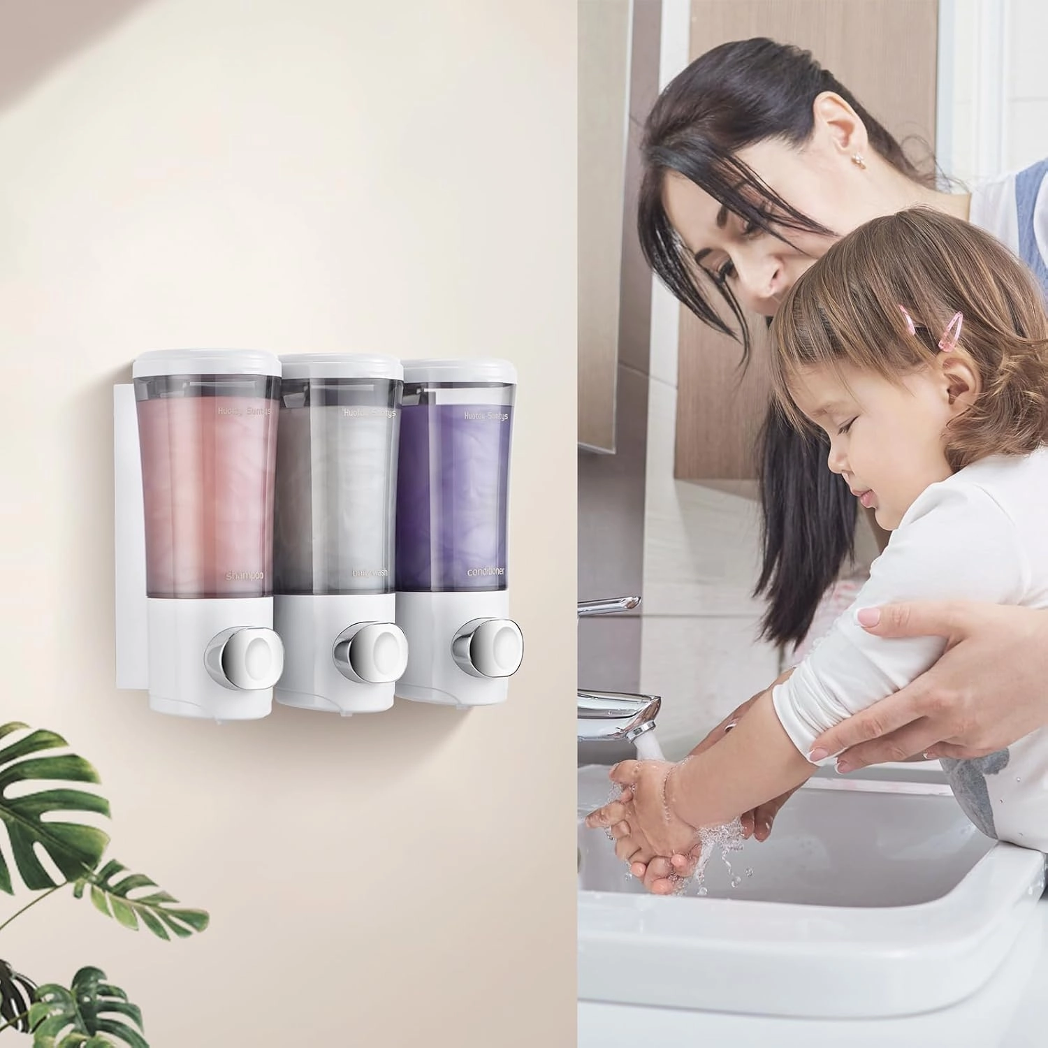 Shampoo and Conditioner Dispenser No Drill Shower Soap Dispenser Wall Mounted Shower Dispenser 3 Chamber with Upgrade Smooth Pump Head Bathroom Body Wash Soap Dispenser Set 450ml*3 White
