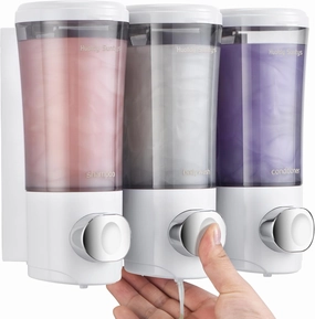 Shampoo and Conditioner Dispenser No Drill Shower Soap Dispenser Wall Mounted Shower Dispenser 3 Chamber with Upgrade Smooth Pump Head Bathroom Body Wash Soap Dispenser Set 450ml*3 White