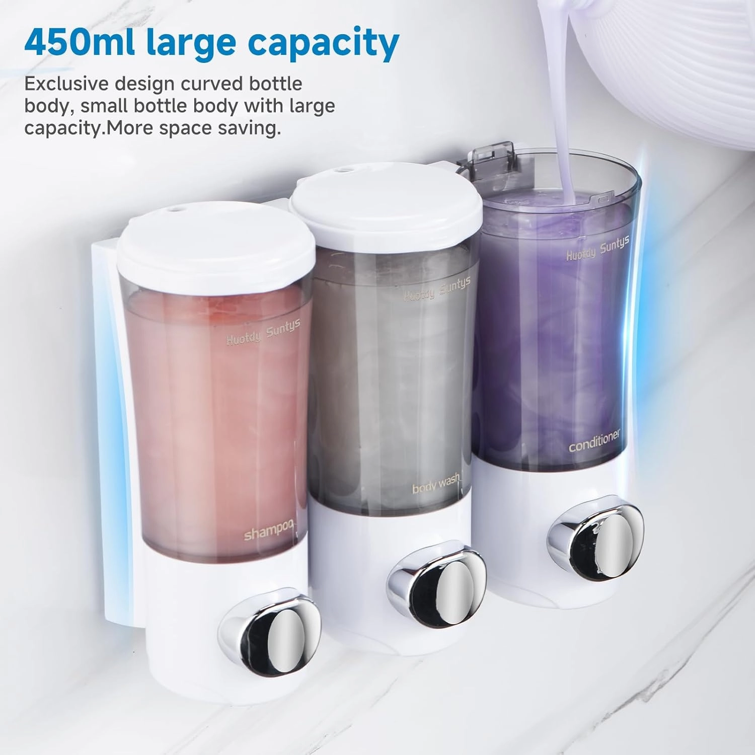 Shampoo and Conditioner Dispenser No Drill Shower Soap Dispenser Wall Mounted Shower Dispenser 3 Chamber with Upgrade Smooth Pump Head Bathroom Body Wash Soap Dispenser Set 450ml*3 White