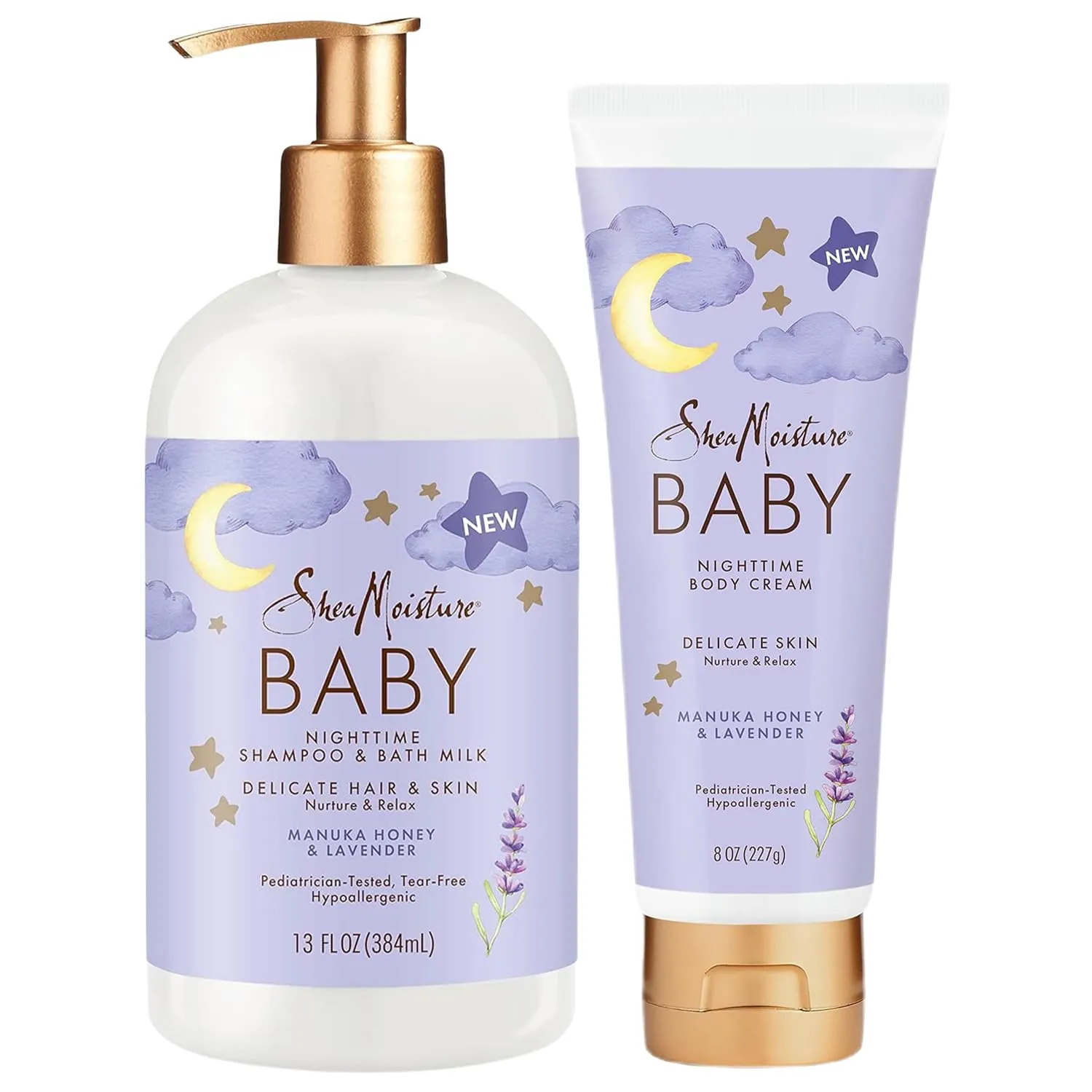 Shea Moisture Baby Care Set – Relaxing Nighttime Shampoo & Bath Milk   Nighttime Body Cream for Delicate Skin, Manuka Honey & Lavender (2 Piece Set)