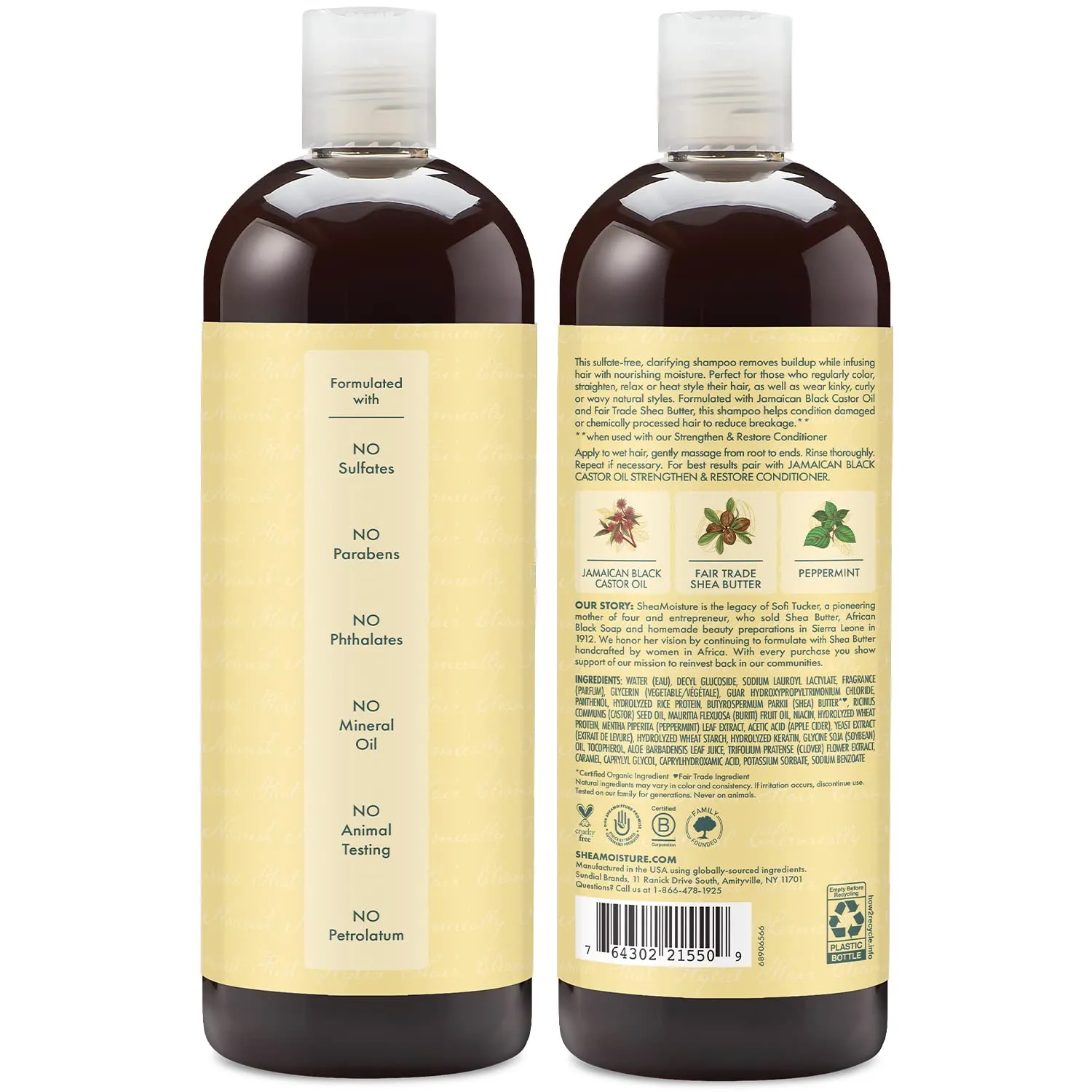 Shea Moisture Jamaican Black Castor Oil Strengthen & Restore Shampoo, Shea Butter, Peppermint & Apple Cider Vinegar, Sulfate Free, Chemically Processed Hair, Family Size (2 Pack -16 Fl Oz Ea)