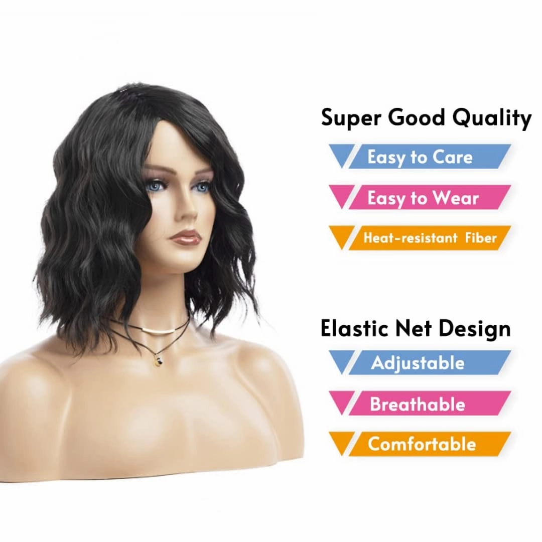 Short Wavy Black Bob Wig for Women Synthetic Heat Resistant Side Part Halloween Cosplay Wig